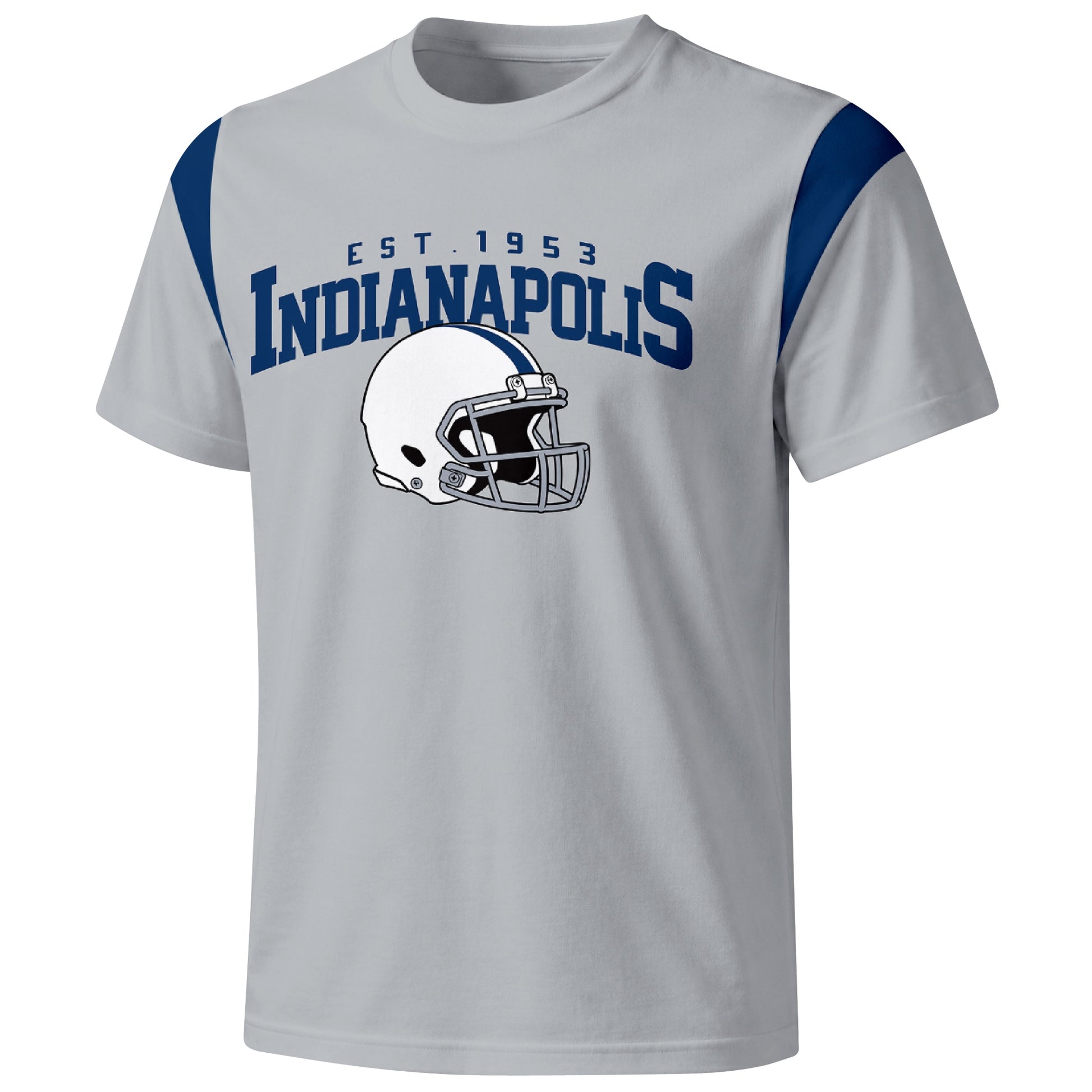 Indianapolis varsity football T shirt in Gray showing the front city helmet design and contrast shoulder panels