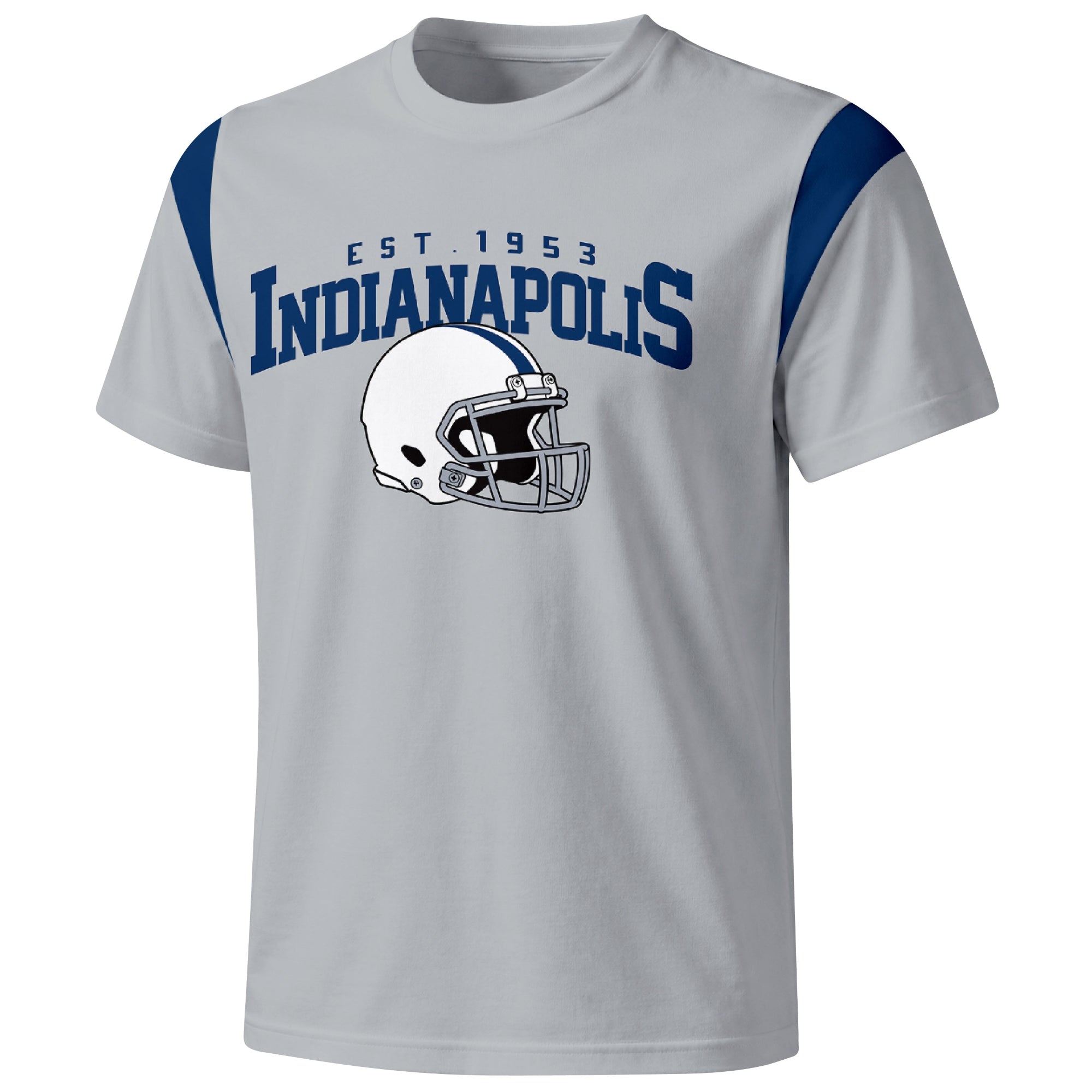 Indianapolis varsity football T shirt in Gray showing the front city helmet design and contrast shoulder panels