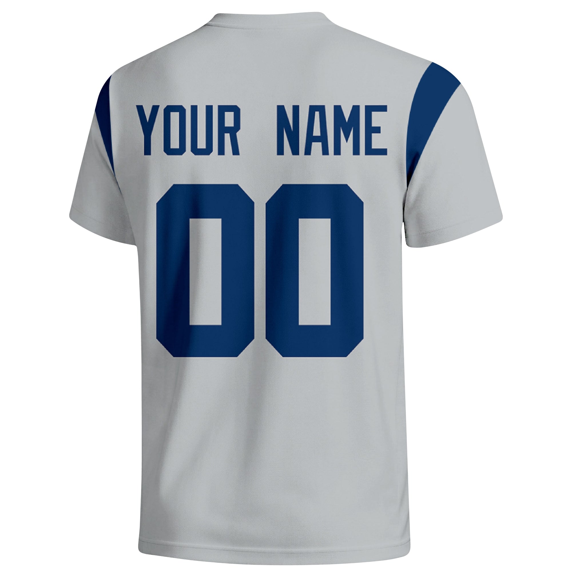 Indianapolis personalized varsity football T shirt in Gray showing the back custom name and number
