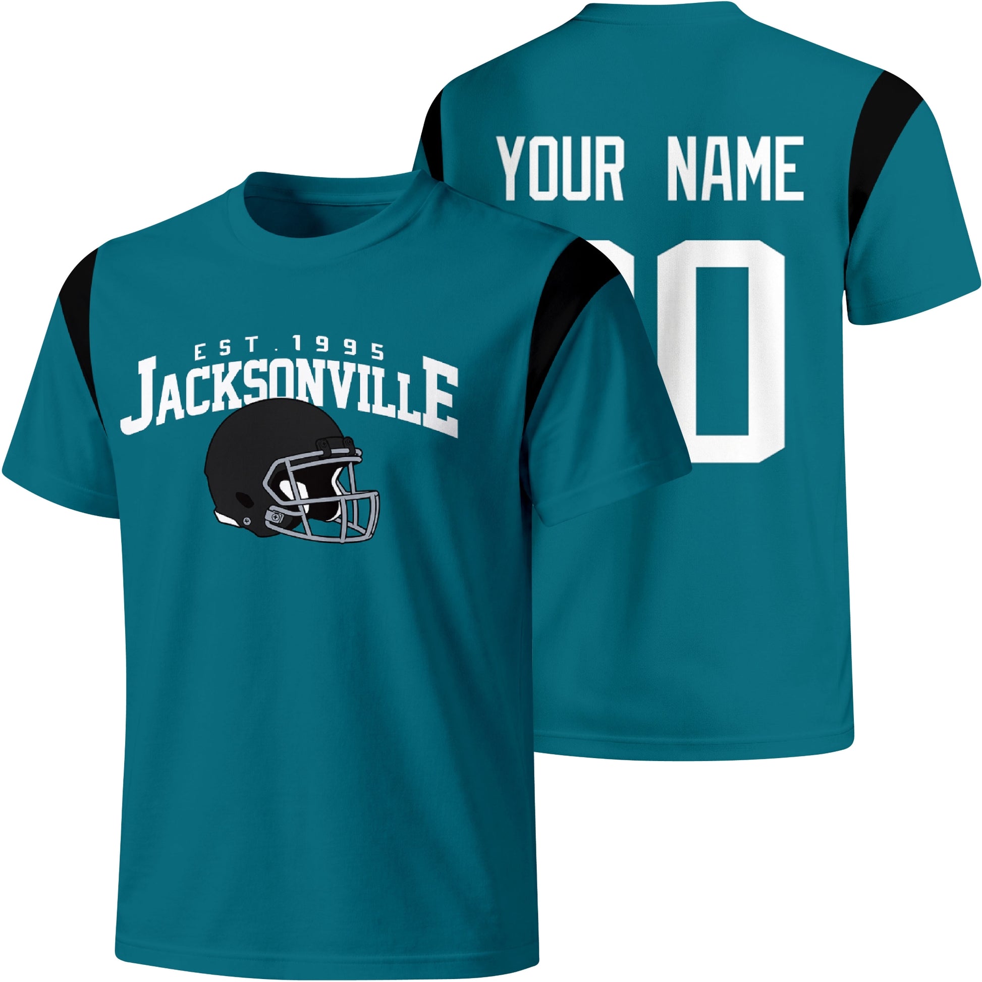 Jacksonville personalized varsity football T shirt in Teal showing front helmet design and back custom name and number