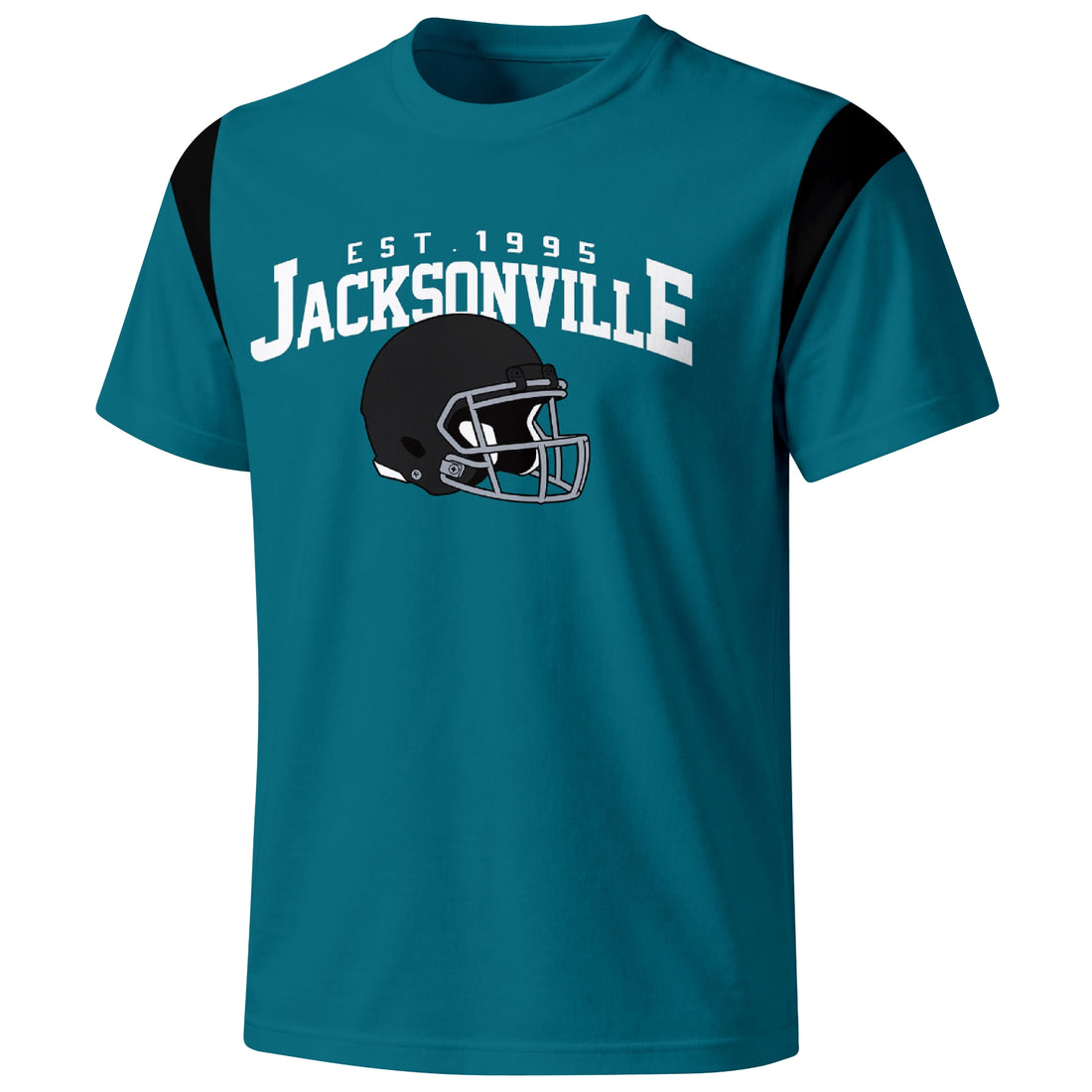 Jacksonville personalized varsity football T shirt in Teal showing front helmet design and back custom name and number