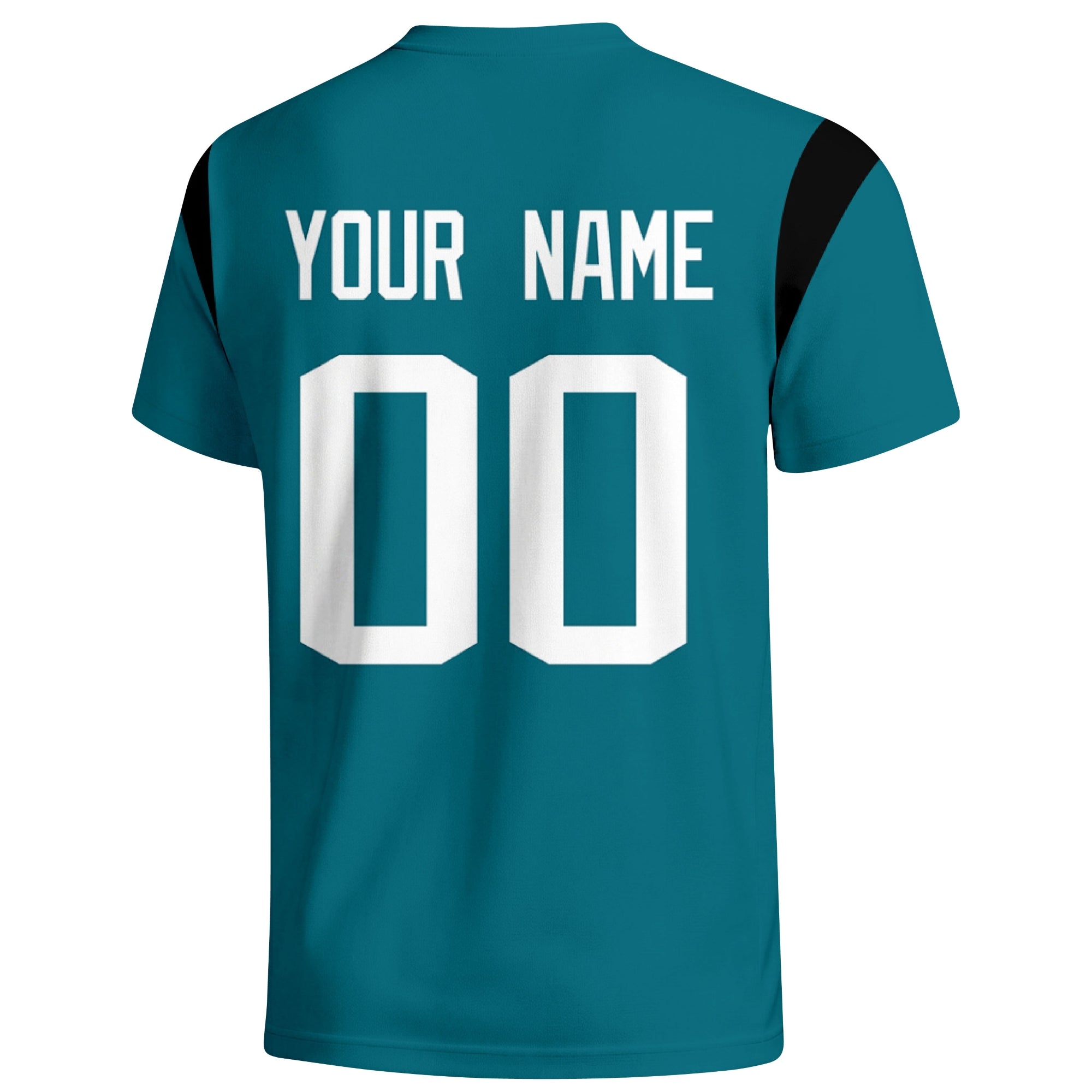 Jacksonville personalized varsity football T shirt in Teal showing the back custom name and number