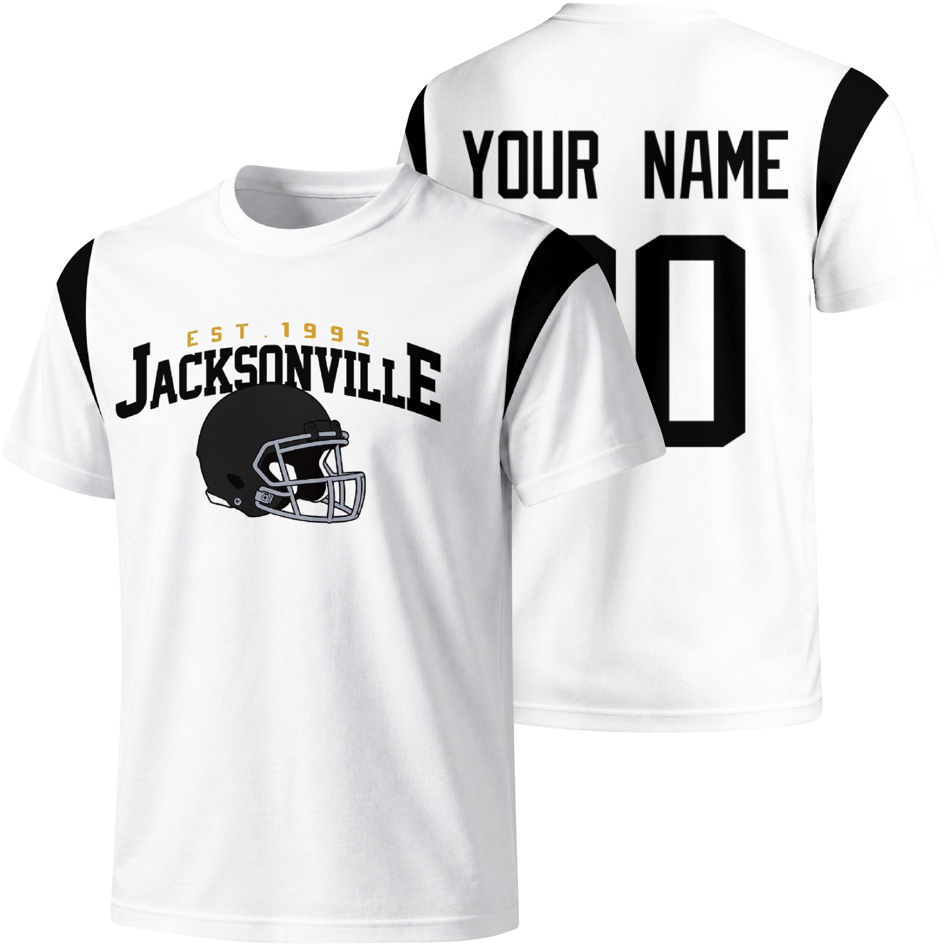 Jacksonville personalized varsity football T shirt in White showing front helmet design and back custom name and number