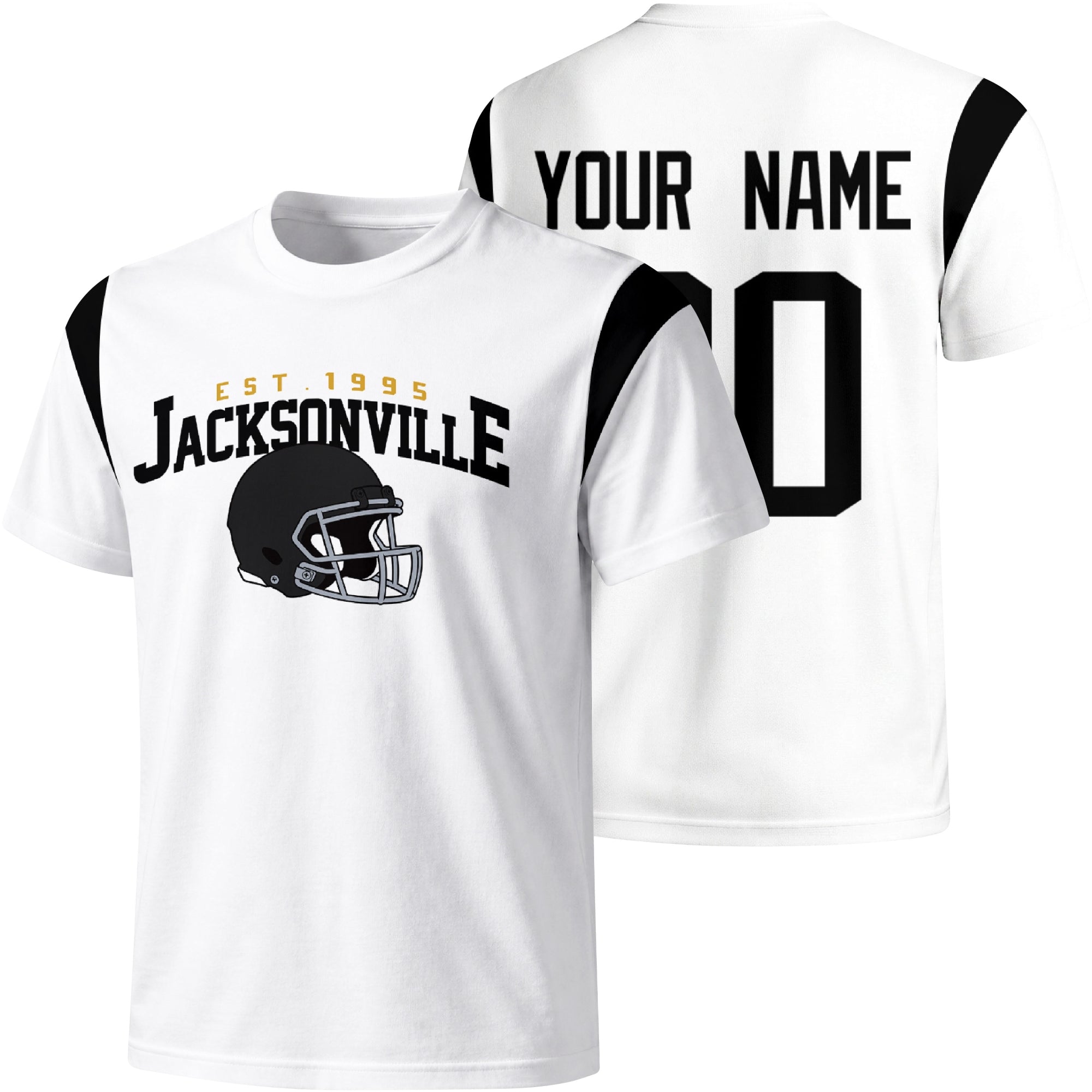 Jacksonville personalized varsity football T shirt in White showing front helmet design and back custom name and number