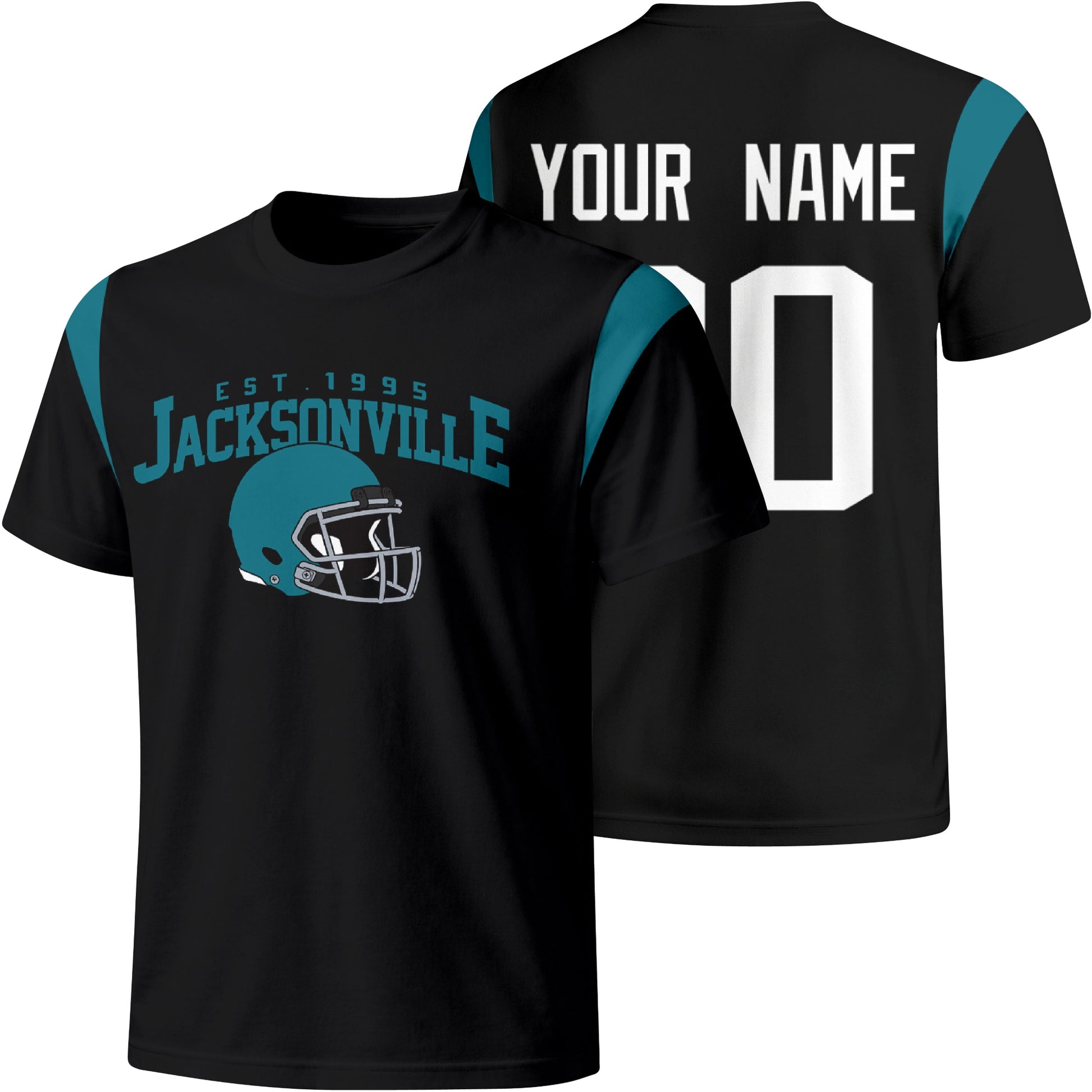 Jacksonville personalized varsity football T shirt in Black showing front helmet design and back custom name and number