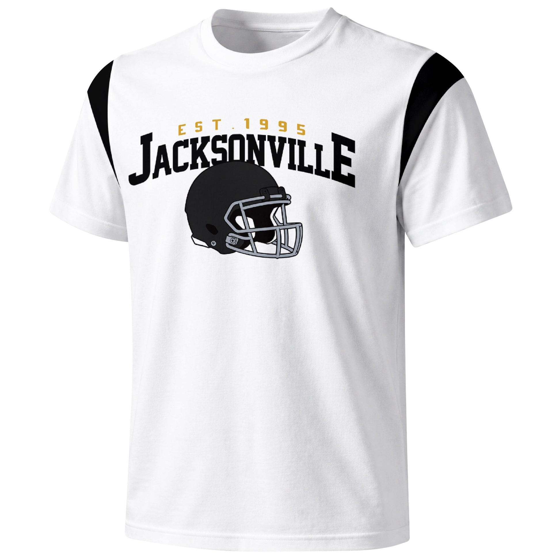 Jacksonville varsity football T shirt in White showing the front city helmet design and contrast shoulder panels