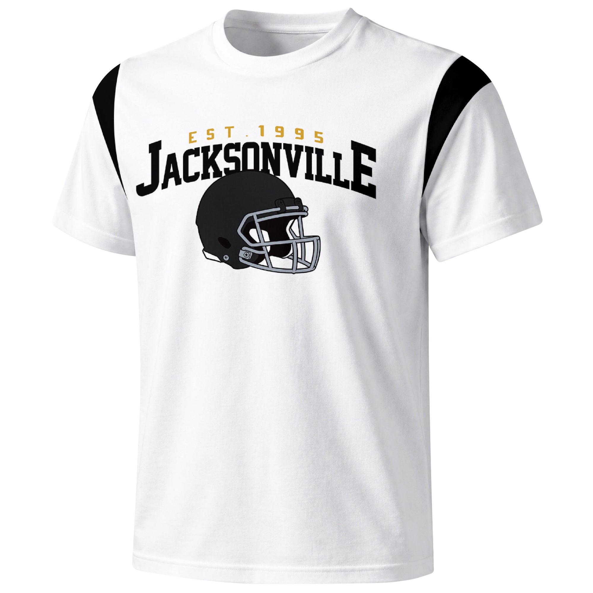 Jacksonville varsity football T shirt in White showing the front city helmet design and contrast shoulder panels