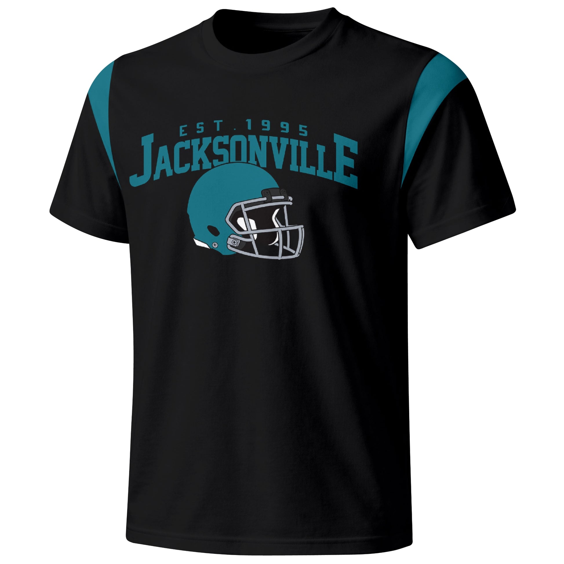 Jacksonville varsity football T shirt in Black showing the front city helmet design and contrast shoulder panels