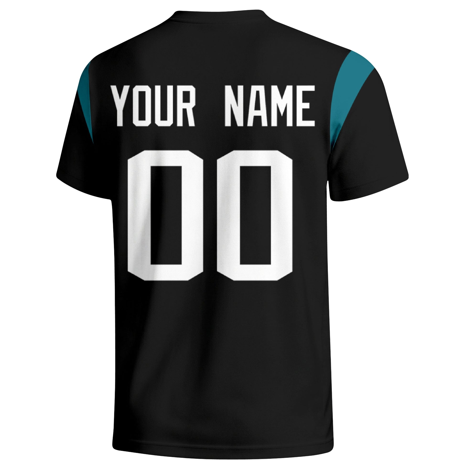 Jacksonville personalized varsity football T shirt in Black showing the back custom name and number