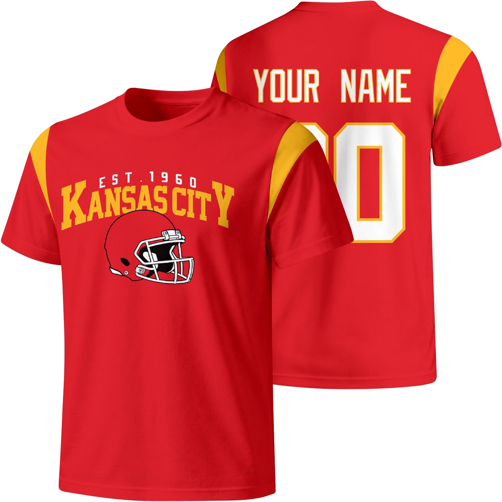 Kansas City personalized varsity football T shirt in Red showing front helmet design and back custom name and number