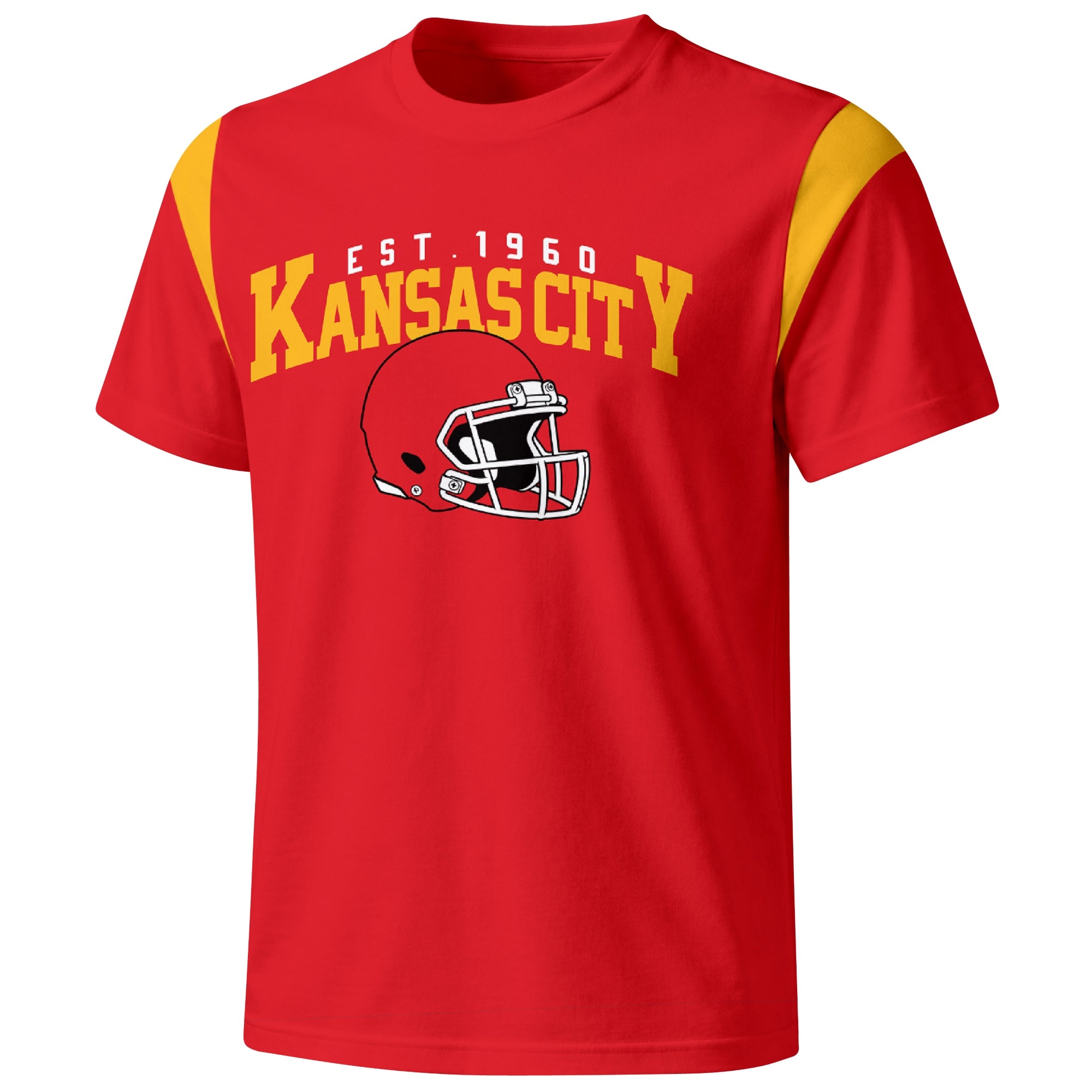 Kansas City varsity football T shirt in Red showing the front city helmet design and contrast shoulder panels