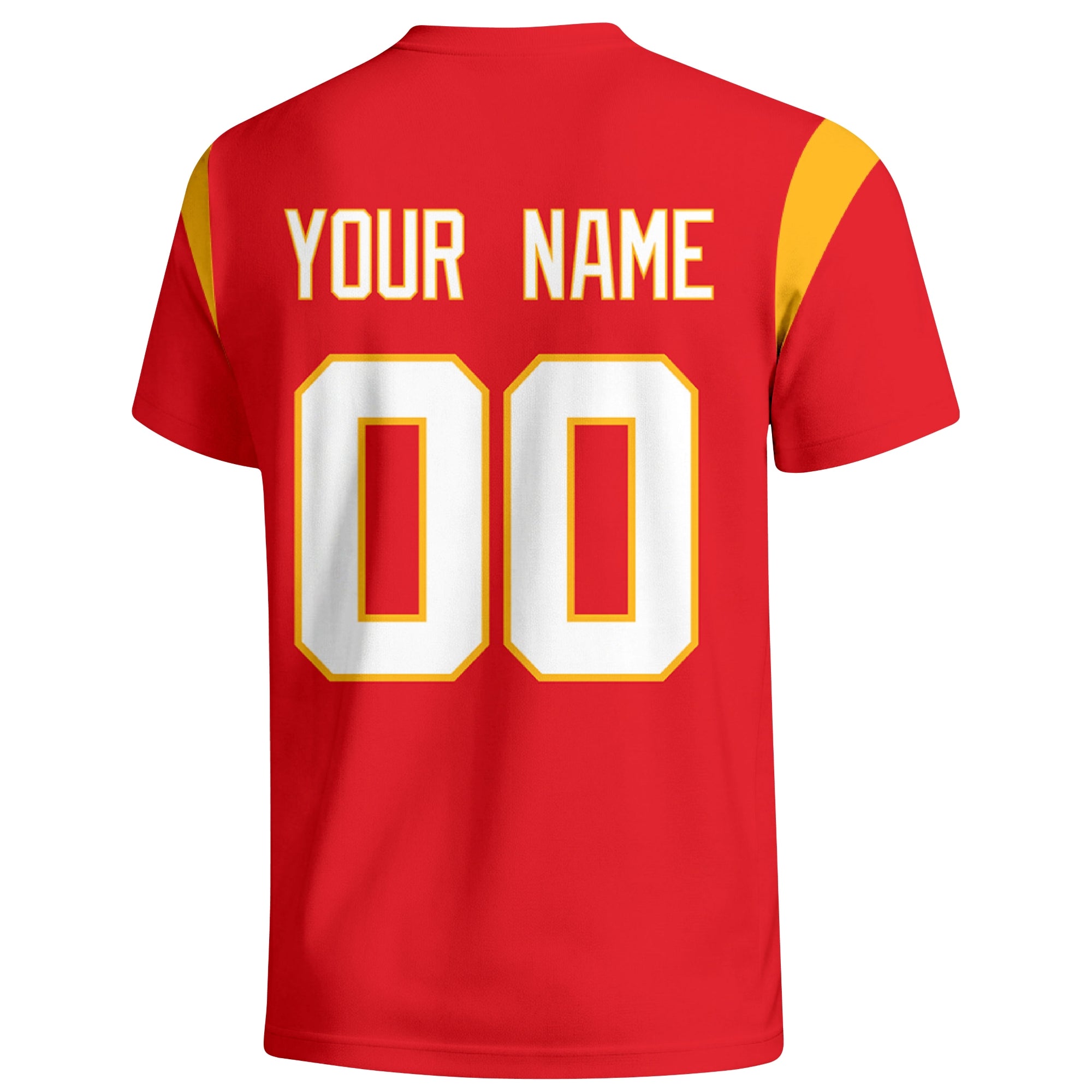 Kansas City personalized varsity football T shirt in Red showing the back custom name and number
