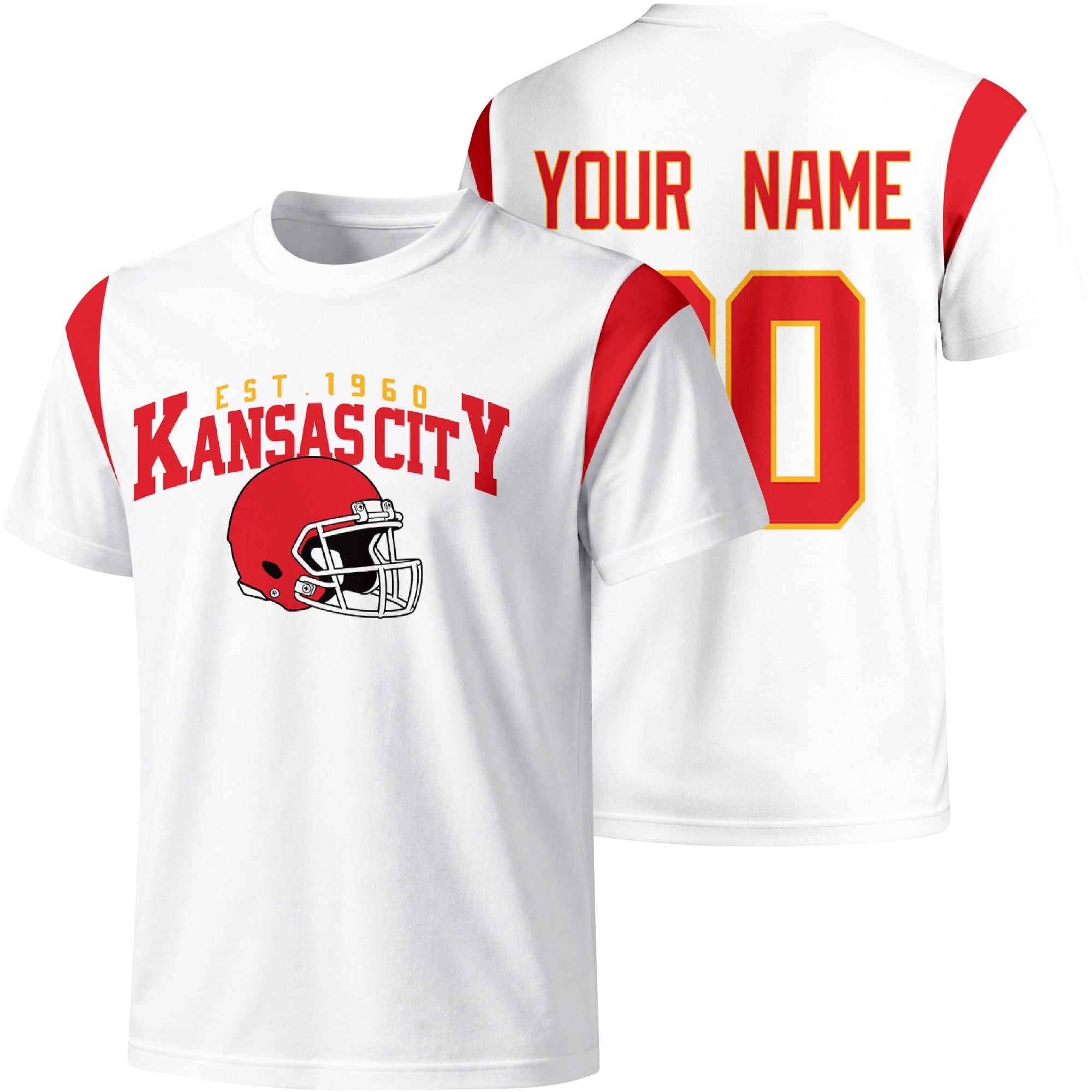 Kansas City personalized varsity football T shirt in White showing front helmet design and back custom name and number