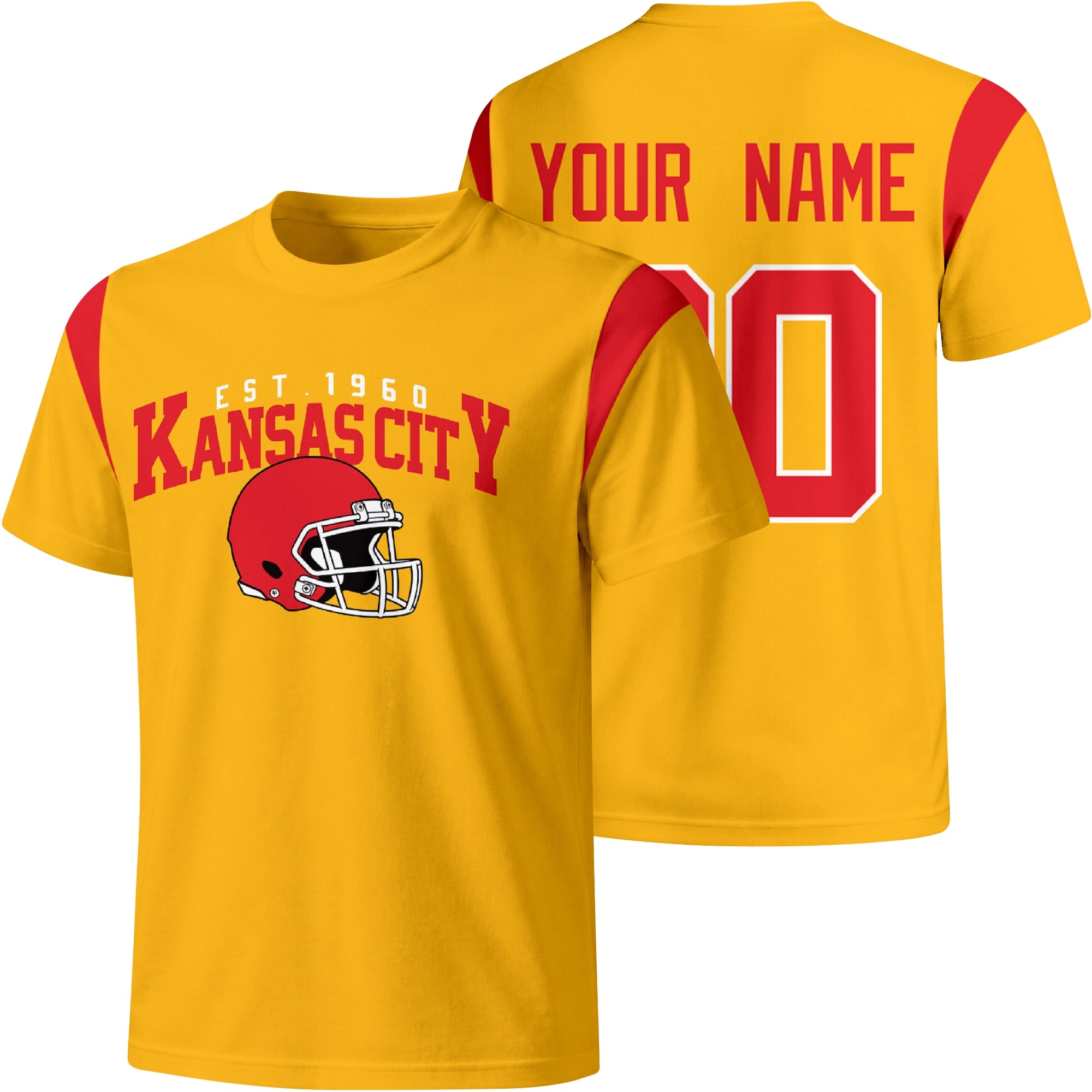 Kansas City personalized varsity football T shirt in Gold showing front helmet design and back custom name and number