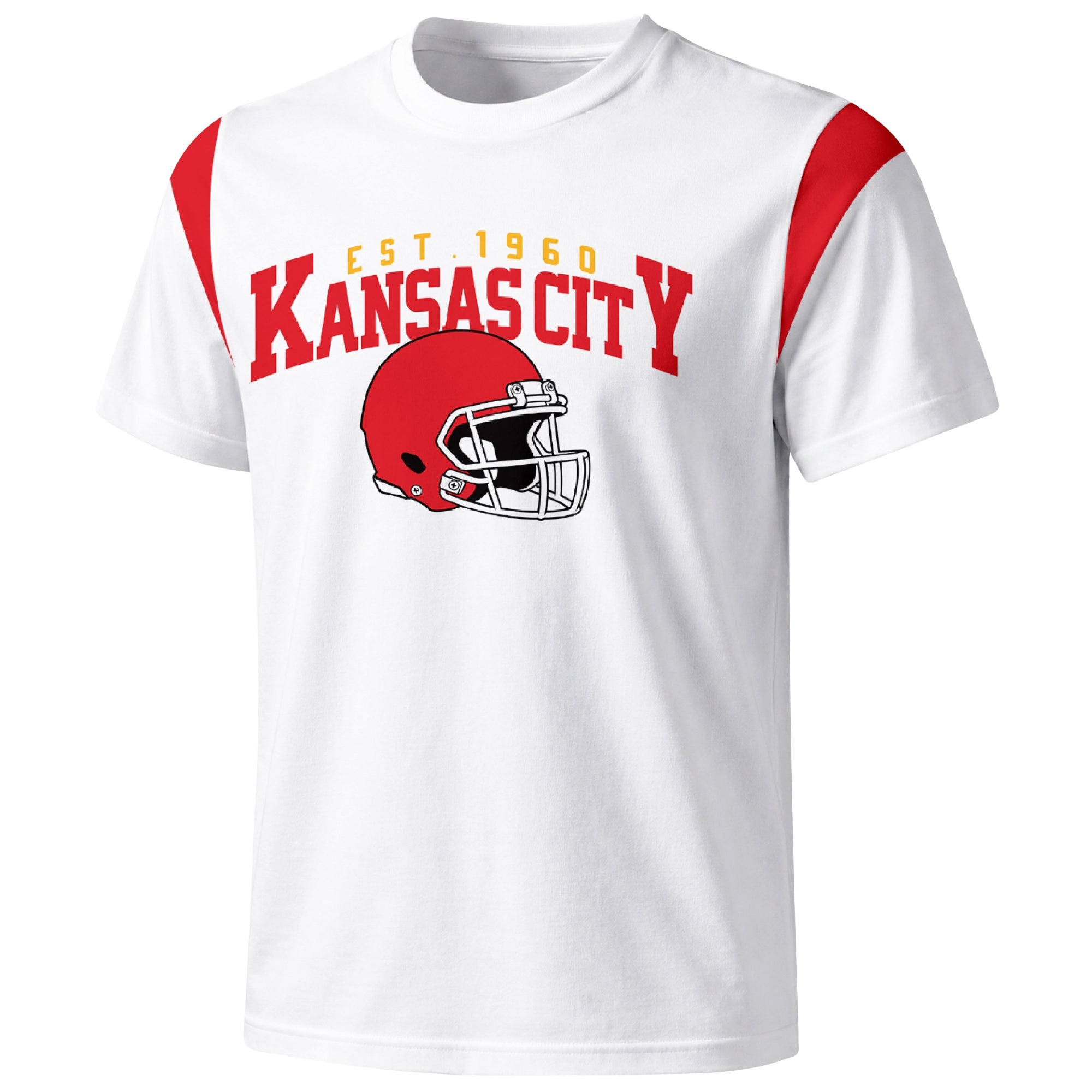 Kansas City varsity football T shirt in White showing the front city helmet design and contrast shoulder panels