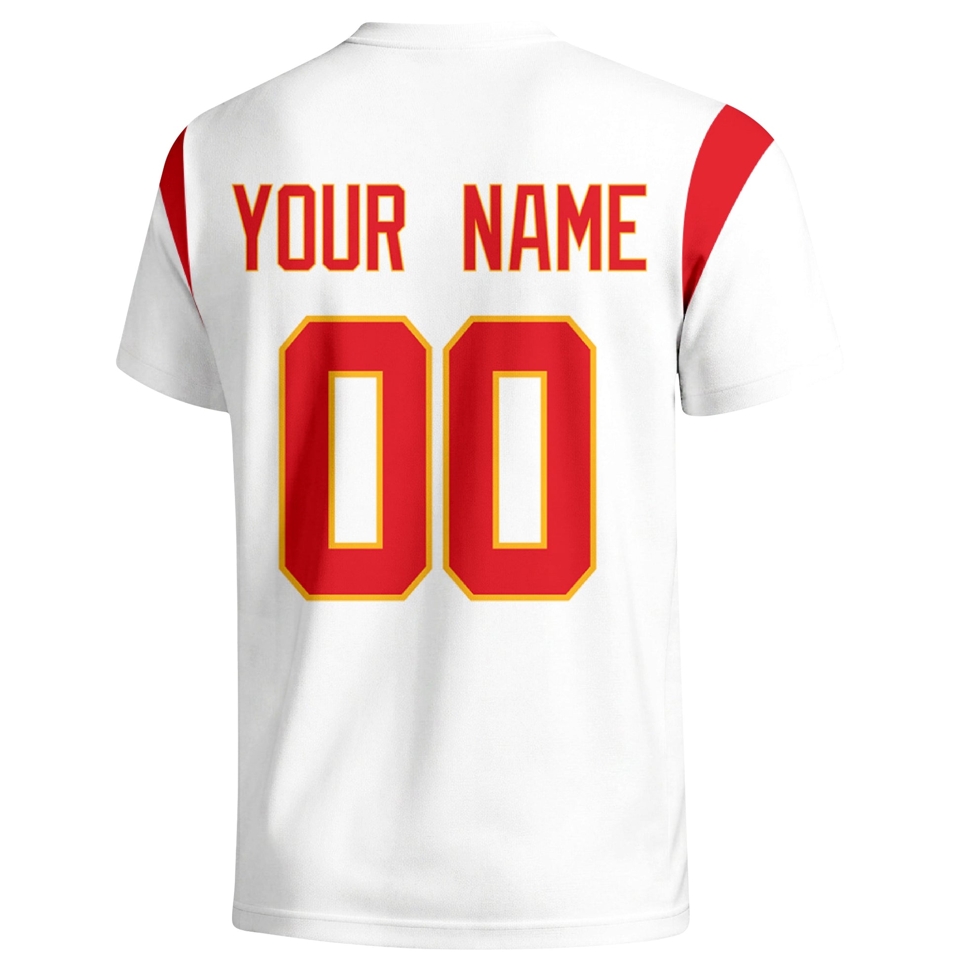 Kansas City personalized varsity football T shirt in White showing the back custom name and number