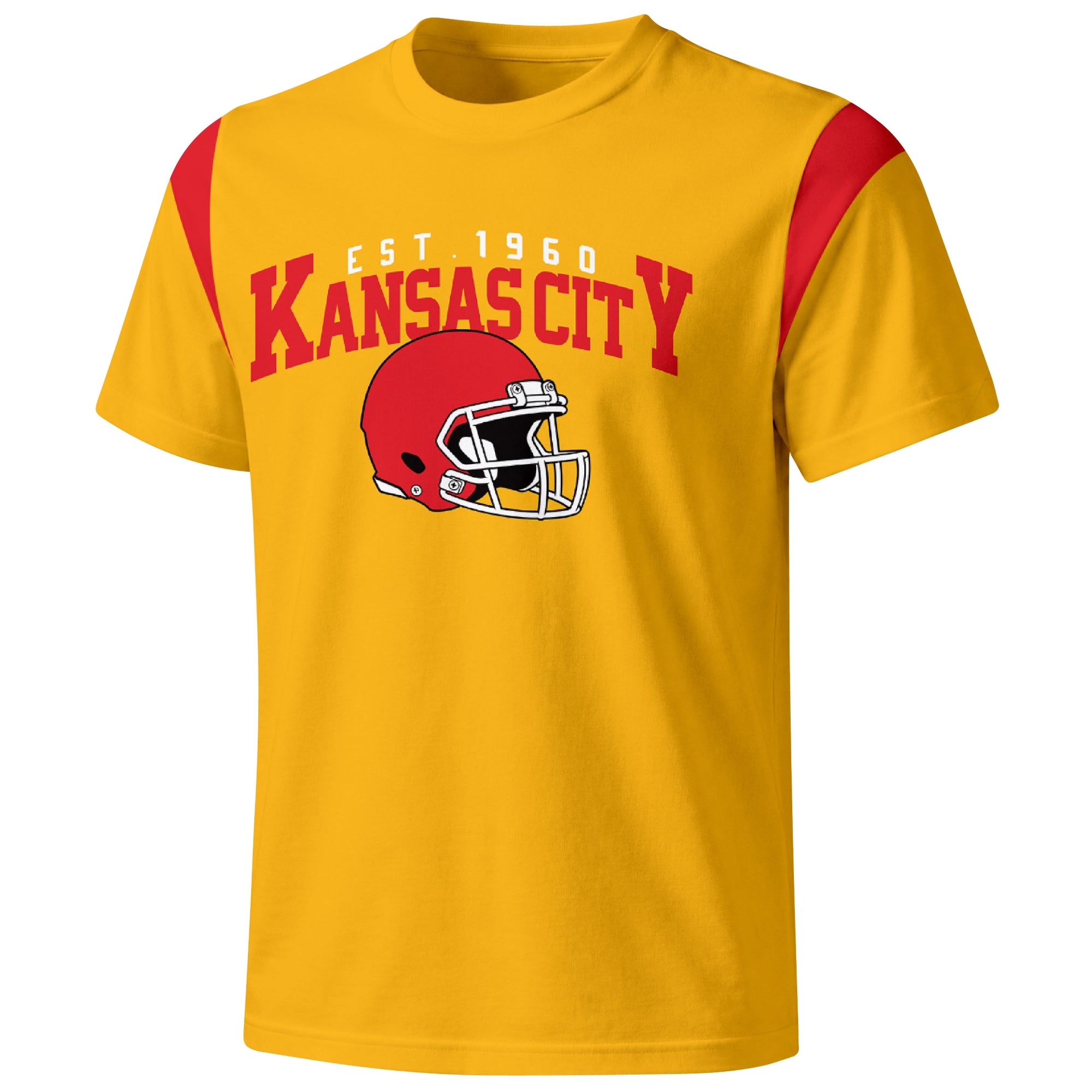 Kansas City varsity football T shirt in Gold showing the front city helmet design and contrast shoulder panels