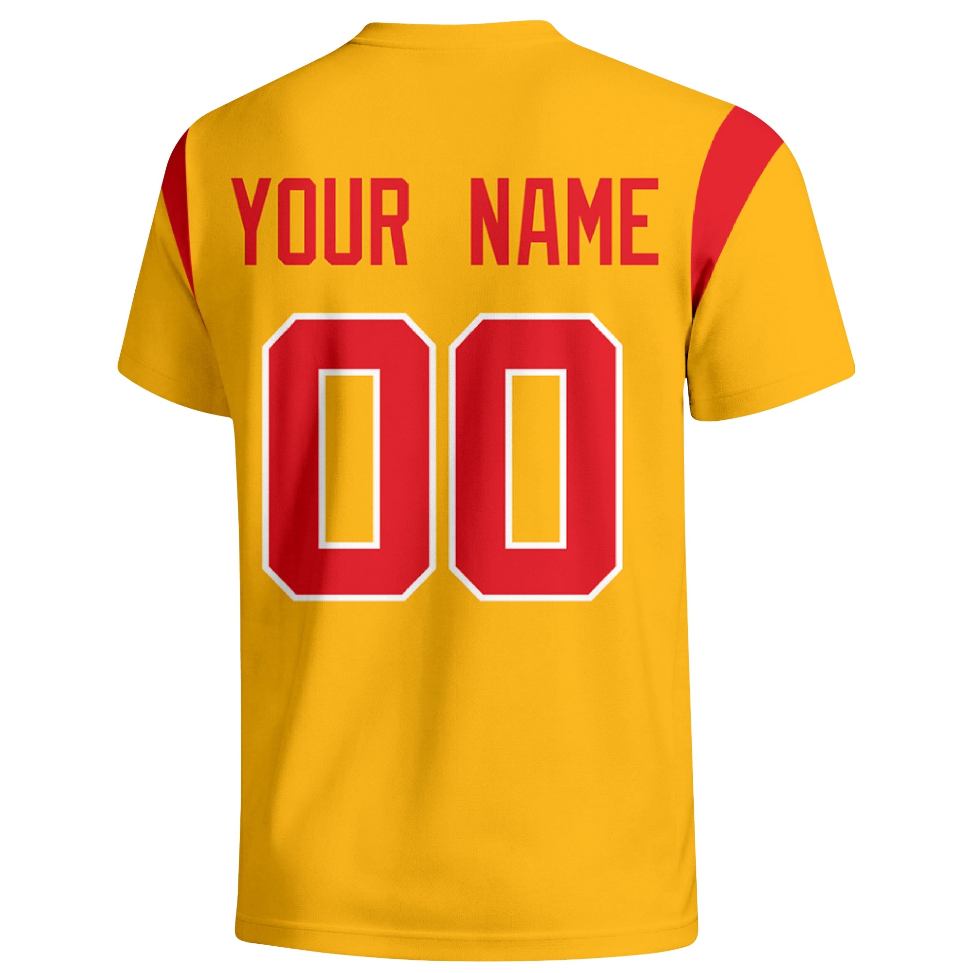 Kansas City personalized varsity football T shirt in Gold showing the back custom name and number