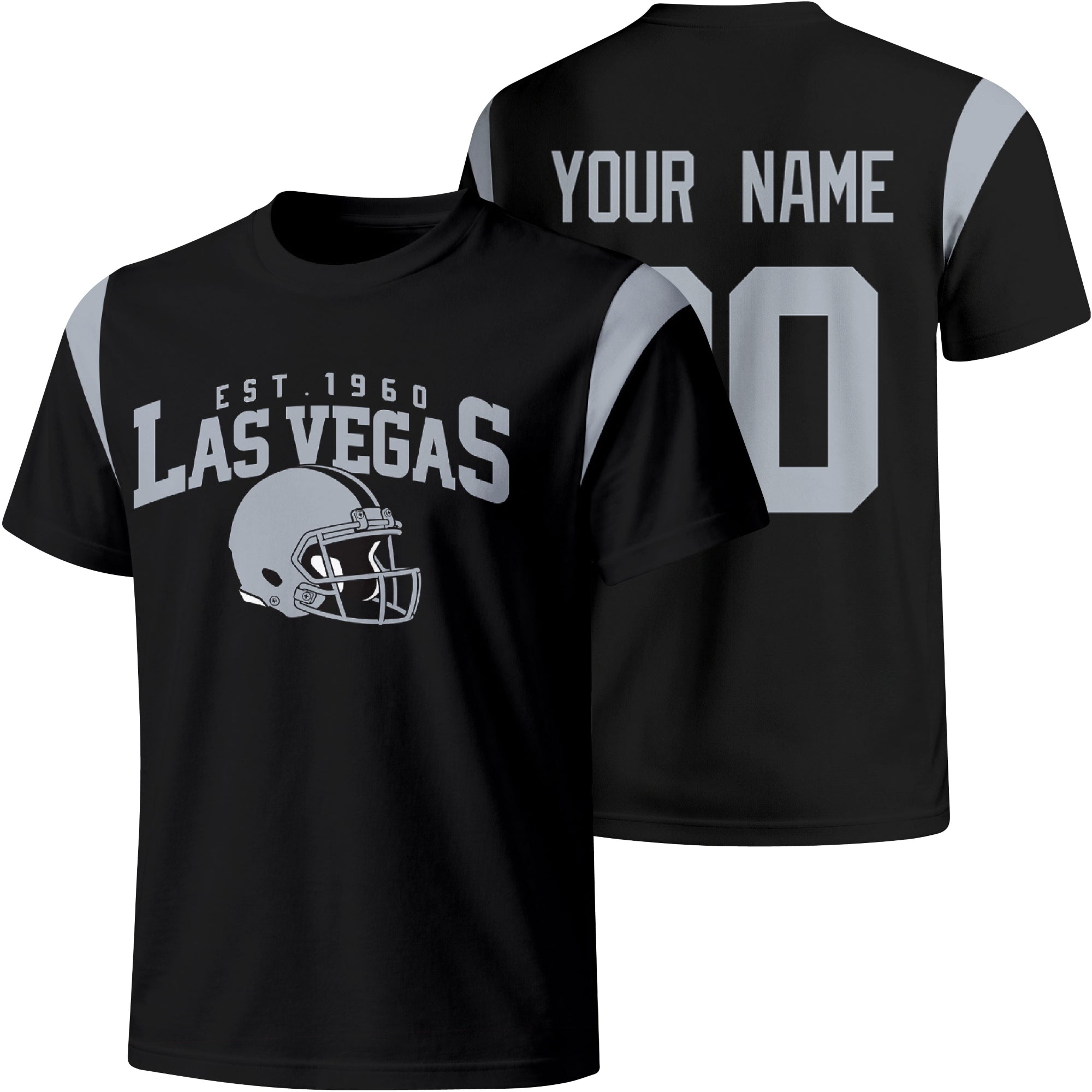 Las Vegas personalized varsity football T shirt in Black showing front helmet design and back custom name and number