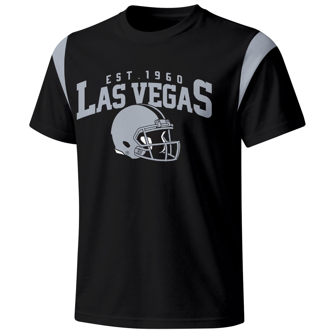 Las Vegas personalized varsity football T shirt in Black showing front helmet design and back custom name and number