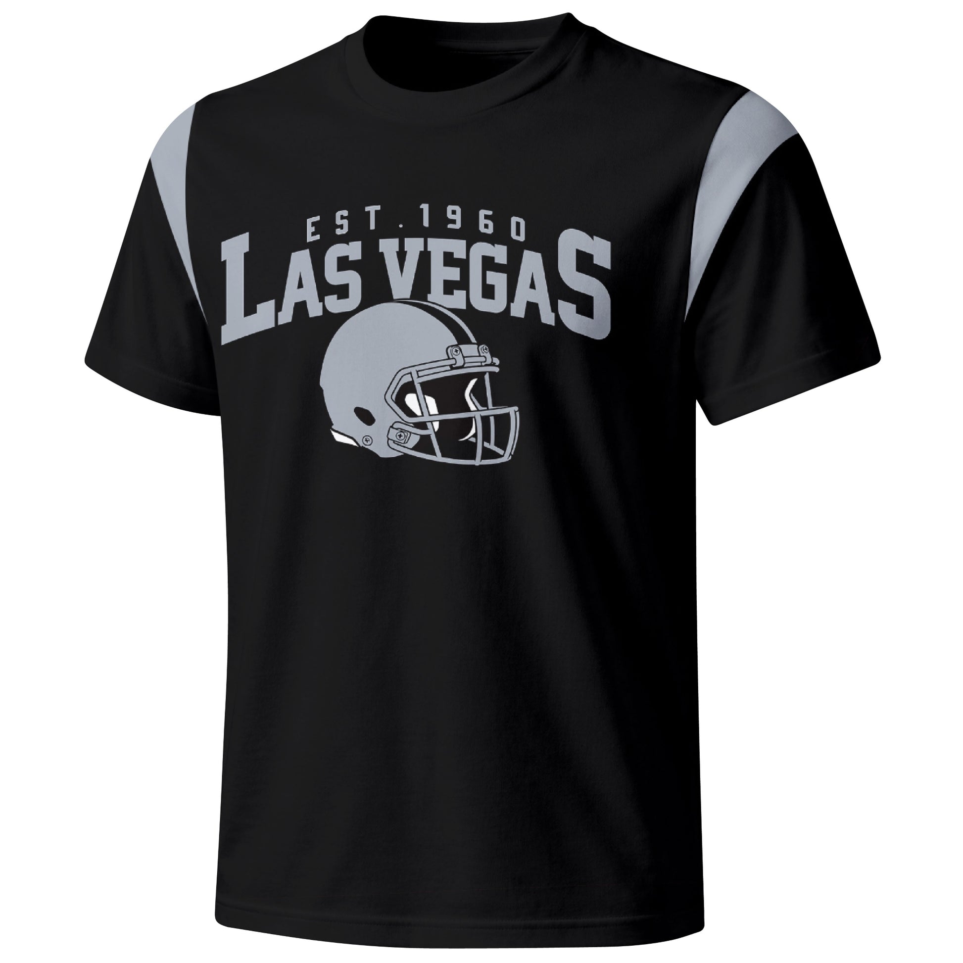 Las Vegas varsity football T shirt in Black showing the front city helmet design and contrast shoulder panels