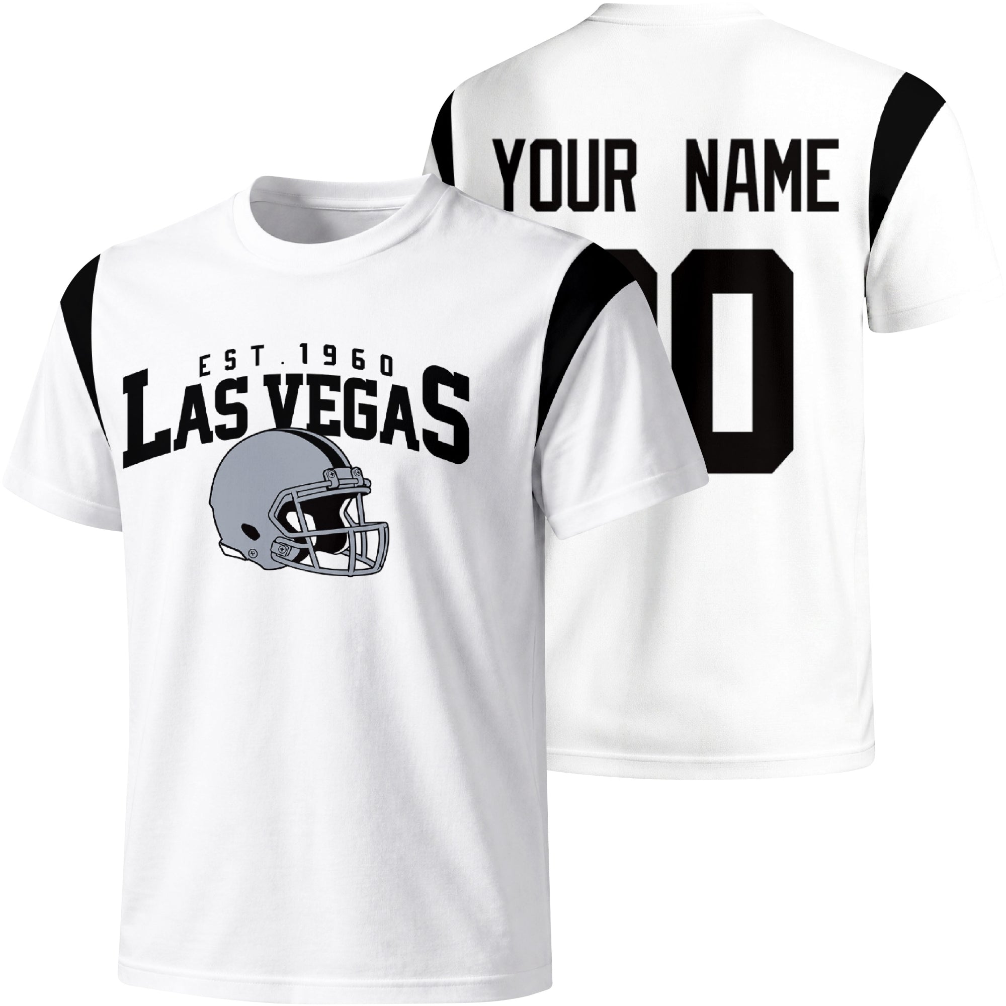 Las Vegas personalized varsity football T shirt in White showing front helmet design and back custom name and number