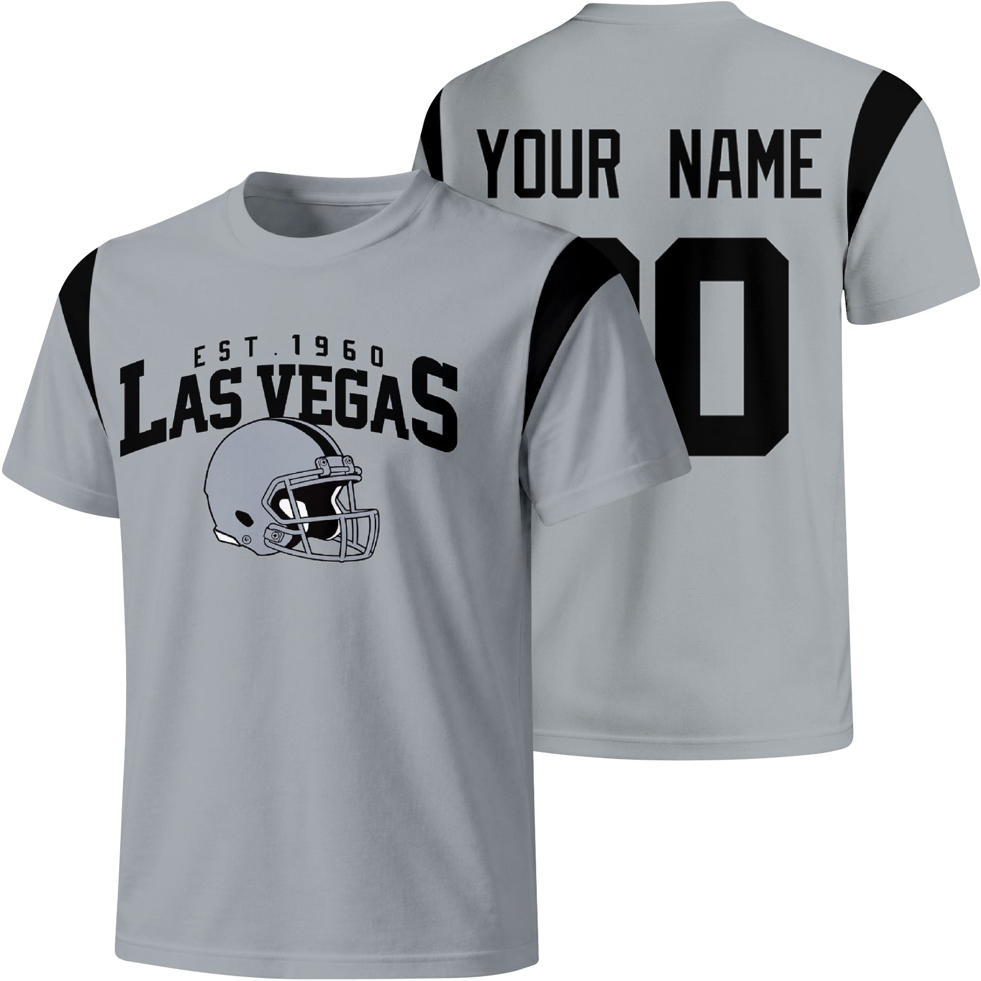 Las Vegas personalized varsity football T shirt in Gray showing front helmet design and back custom name and number