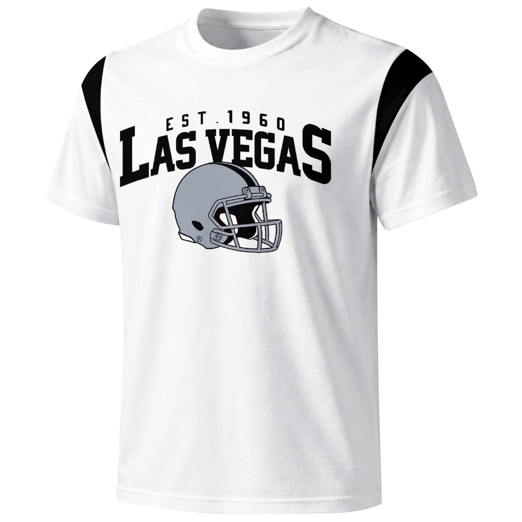 Las Vegas varsity football T shirt in White showing the front city helmet design and contrast shoulder panels
