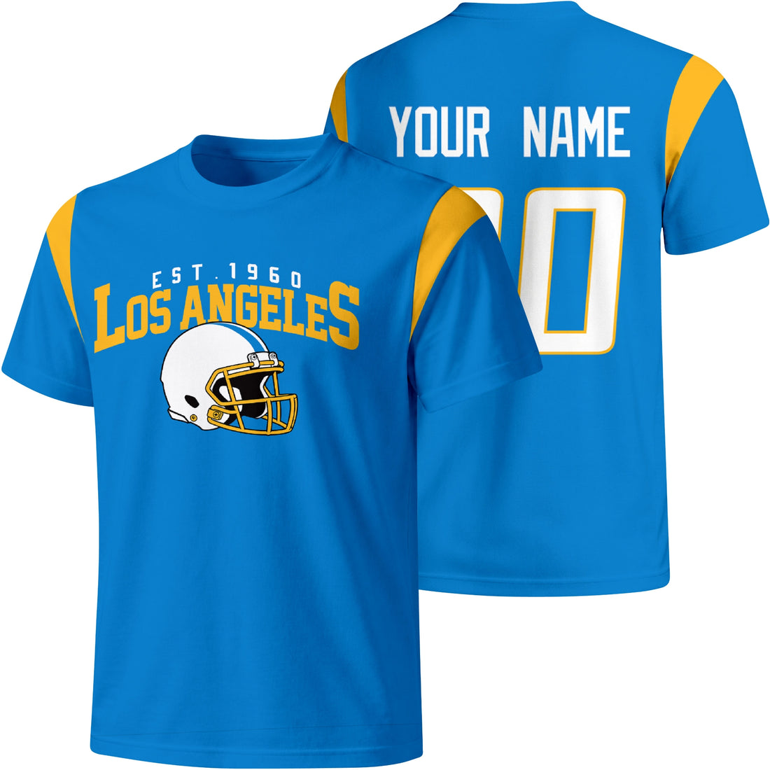 Los Angeles Blue personalized varsity football T shirt in Blue showing front helmet design and back custom name and number
