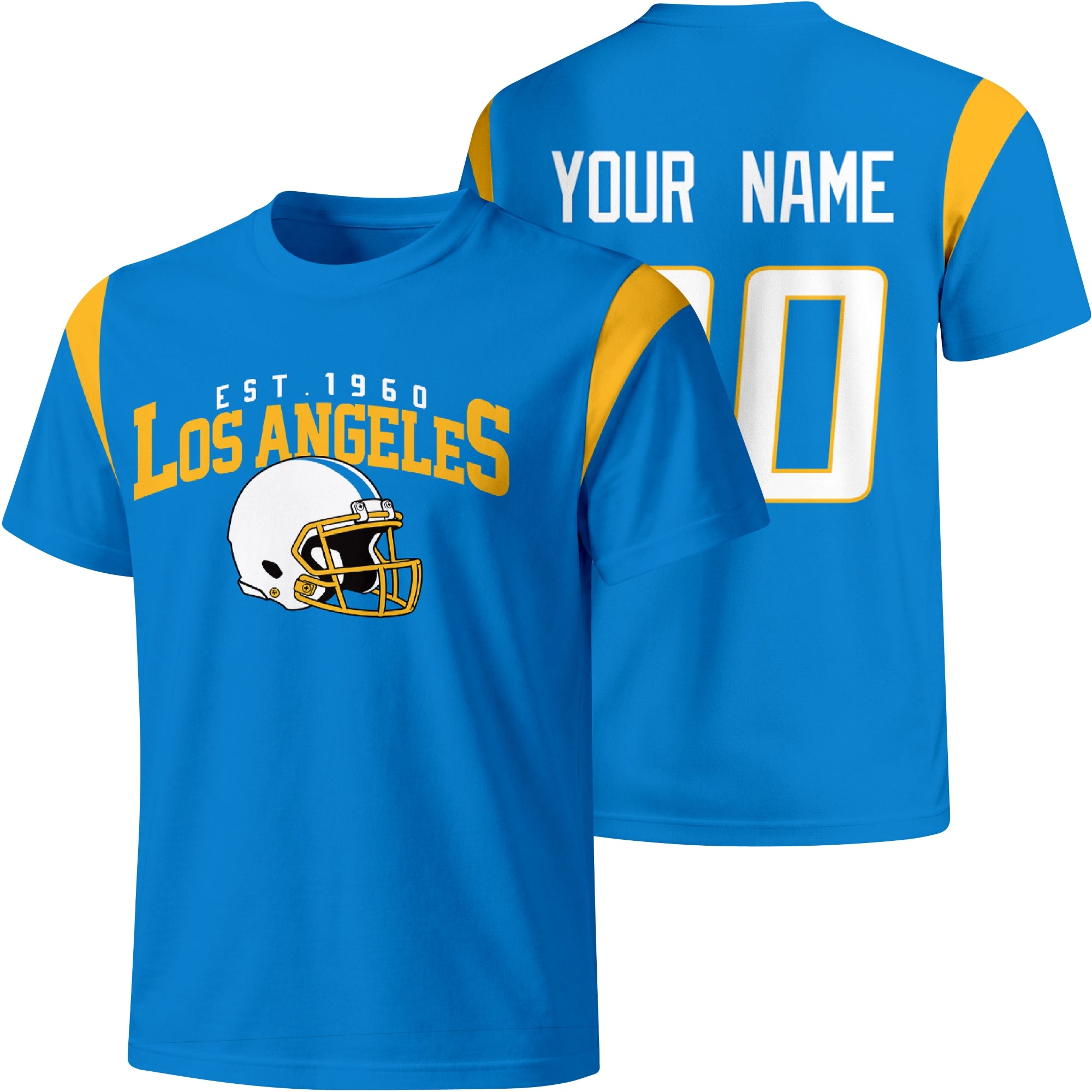 Los Angeles Blue personalized varsity football T shirt in Blue showing front helmet design and back custom name and number