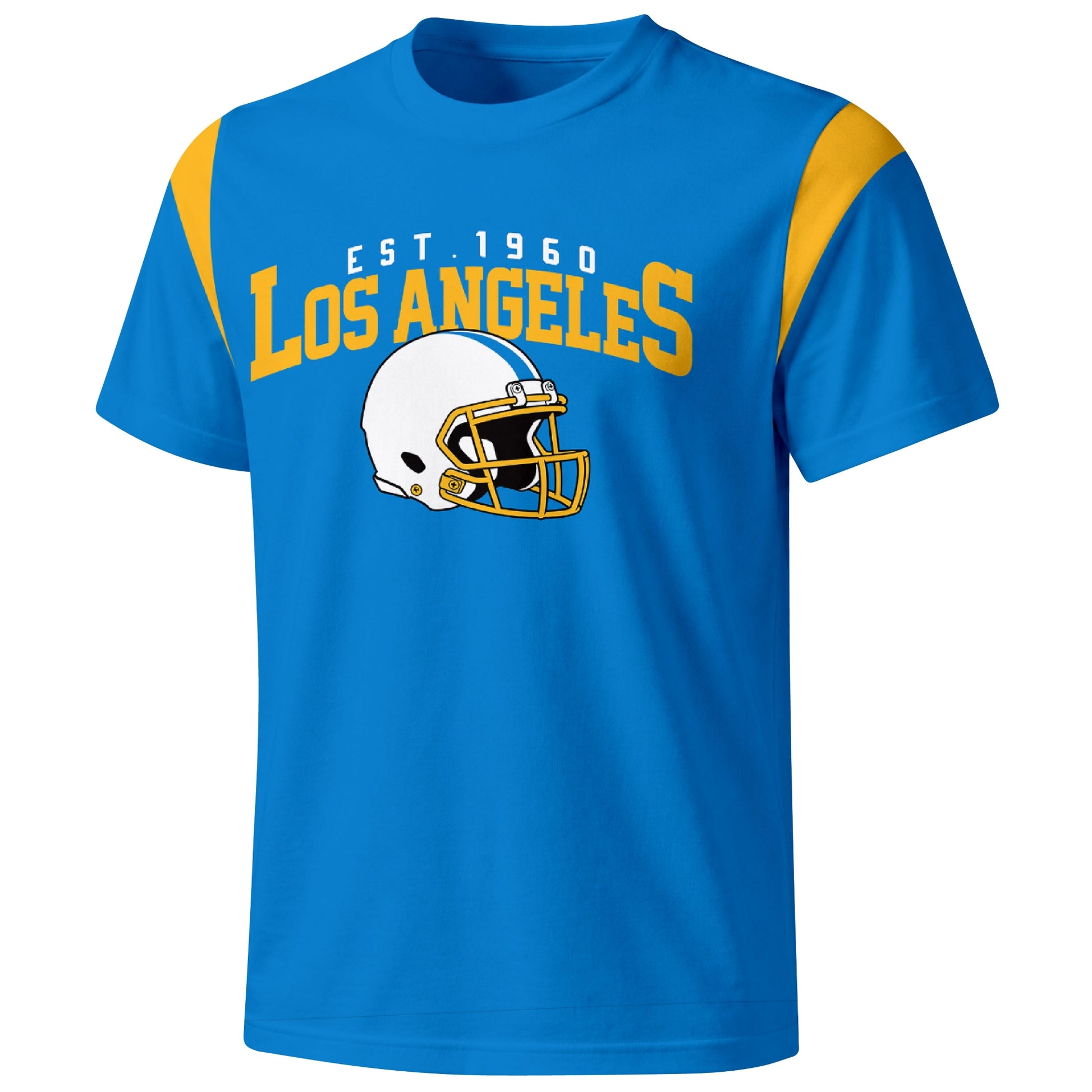 Los Angeles Blue varsity football T shirt in Blue showing the front city helmet design and contrast shoulder panels