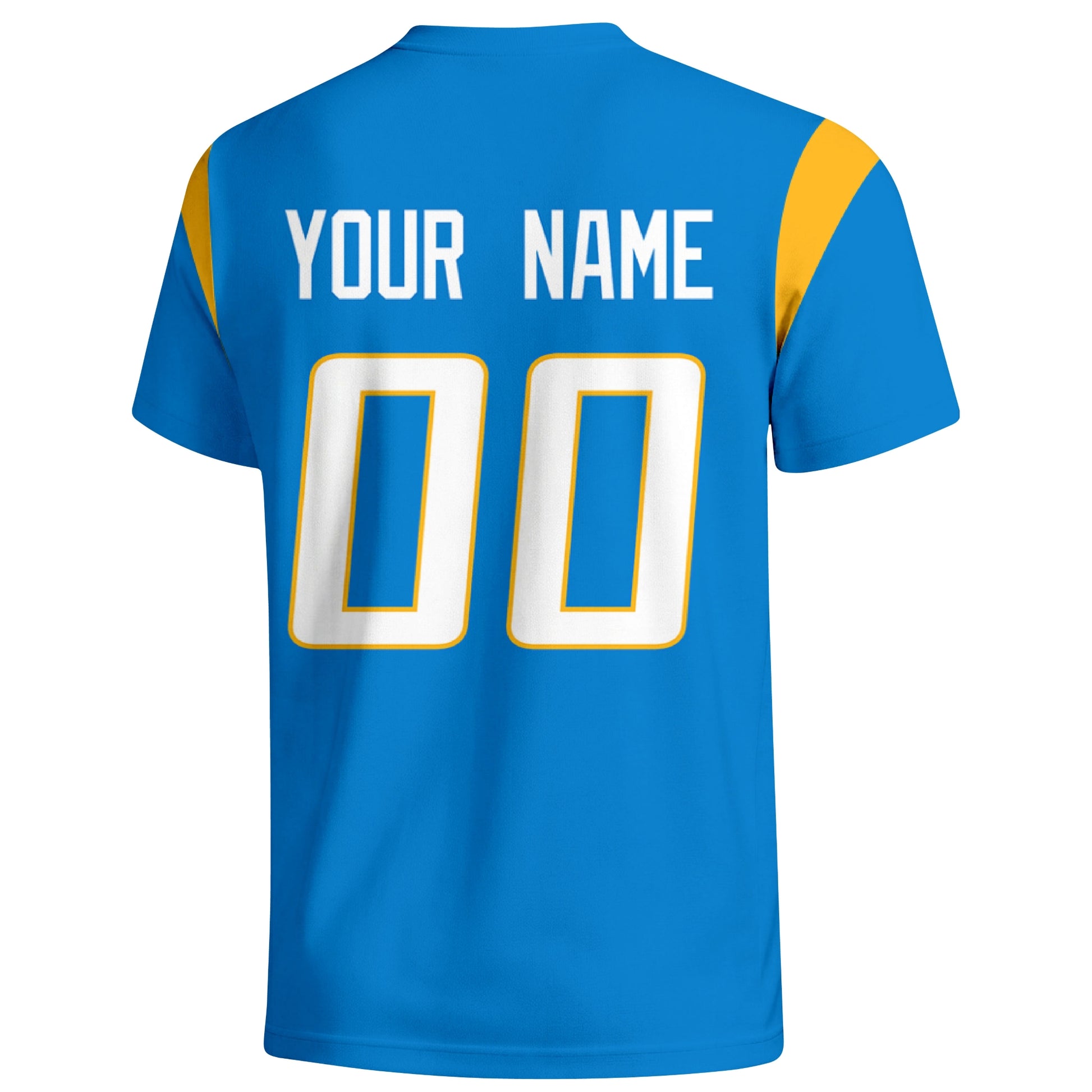 Los Angeles Blue personalized varsity football T shirt in Blue showing the back custom name and number