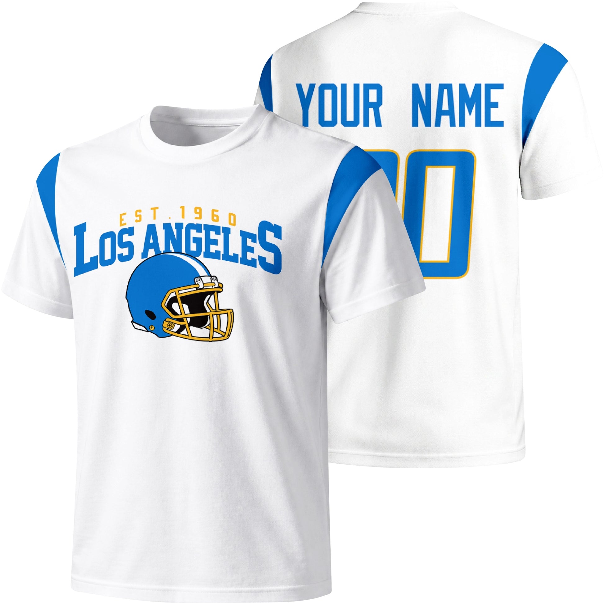 Los Angeles Blue personalized varsity football T shirt in White showing front helmet design and back custom name and number