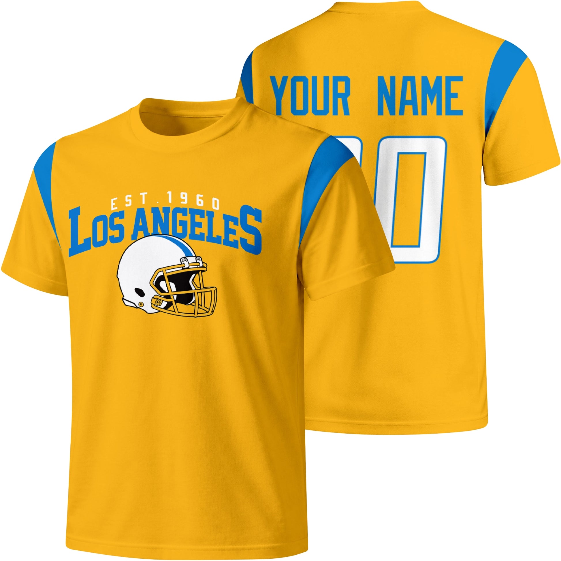 Los Angeles Blue personalized varsity football T shirt in Gold showing front helmet design and back custom name and number