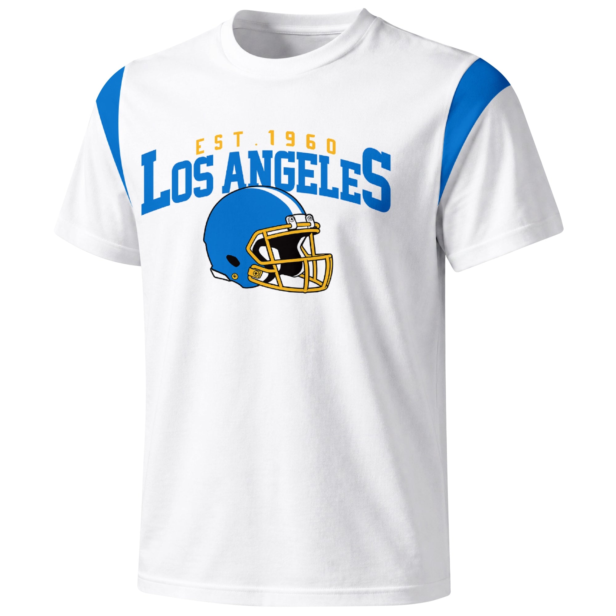 Los Angeles Blue varsity football T shirt in White showing the front city helmet design and contrast shoulder panels