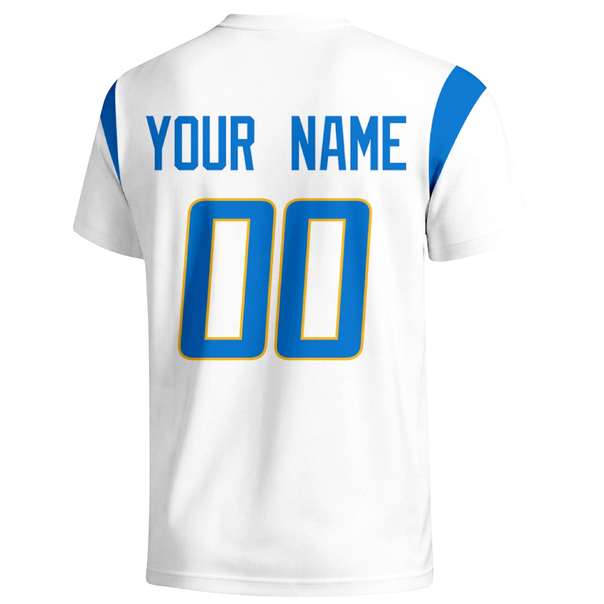 Los Angeles Blue personalized varsity football T shirt in White showing the back custom name and number