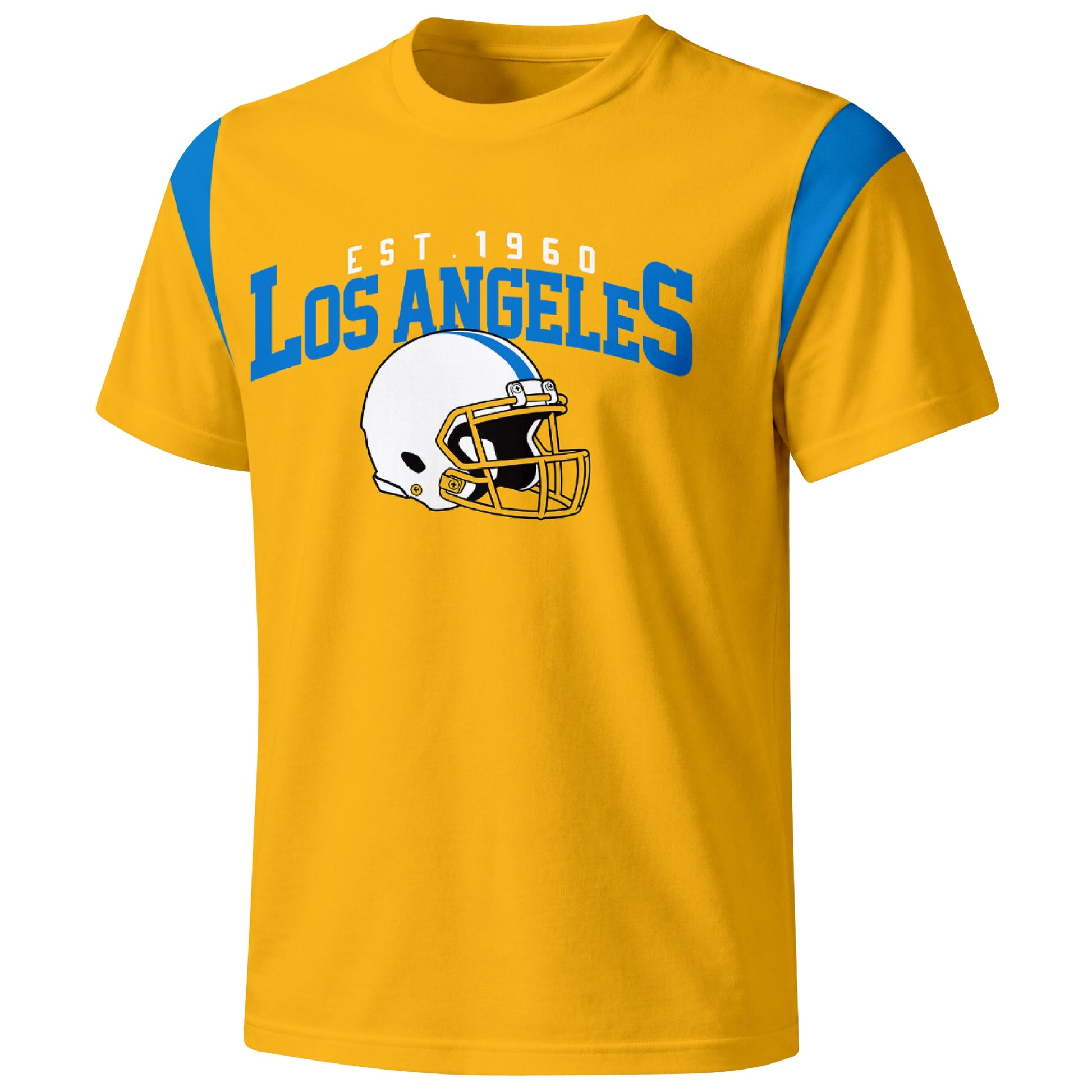 Los Angeles Blue varsity football T shirt in Gold showing the front city helmet design and contrast shoulder panels