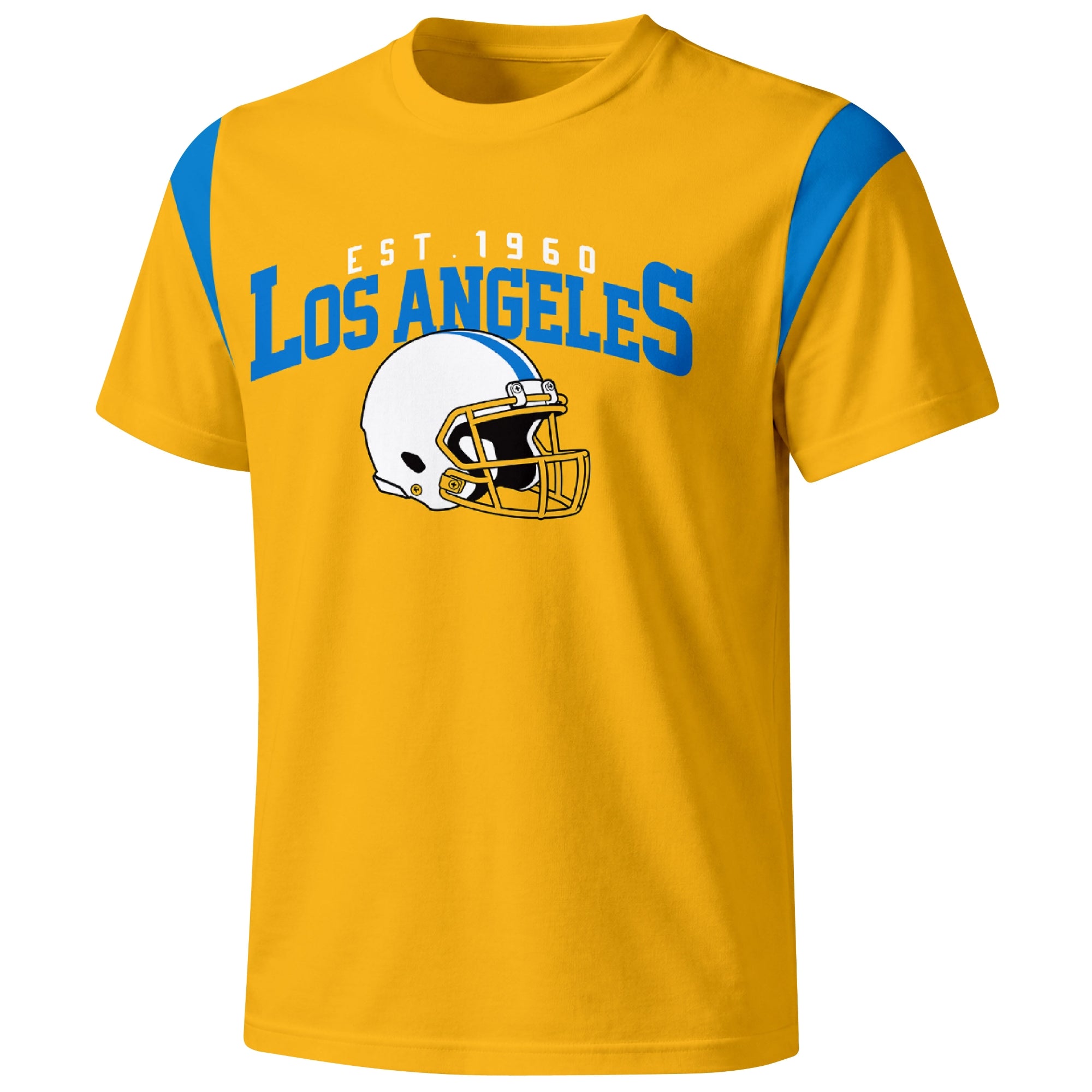Los Angeles Blue varsity football T shirt in Gold showing the front city helmet design and contrast shoulder panels
