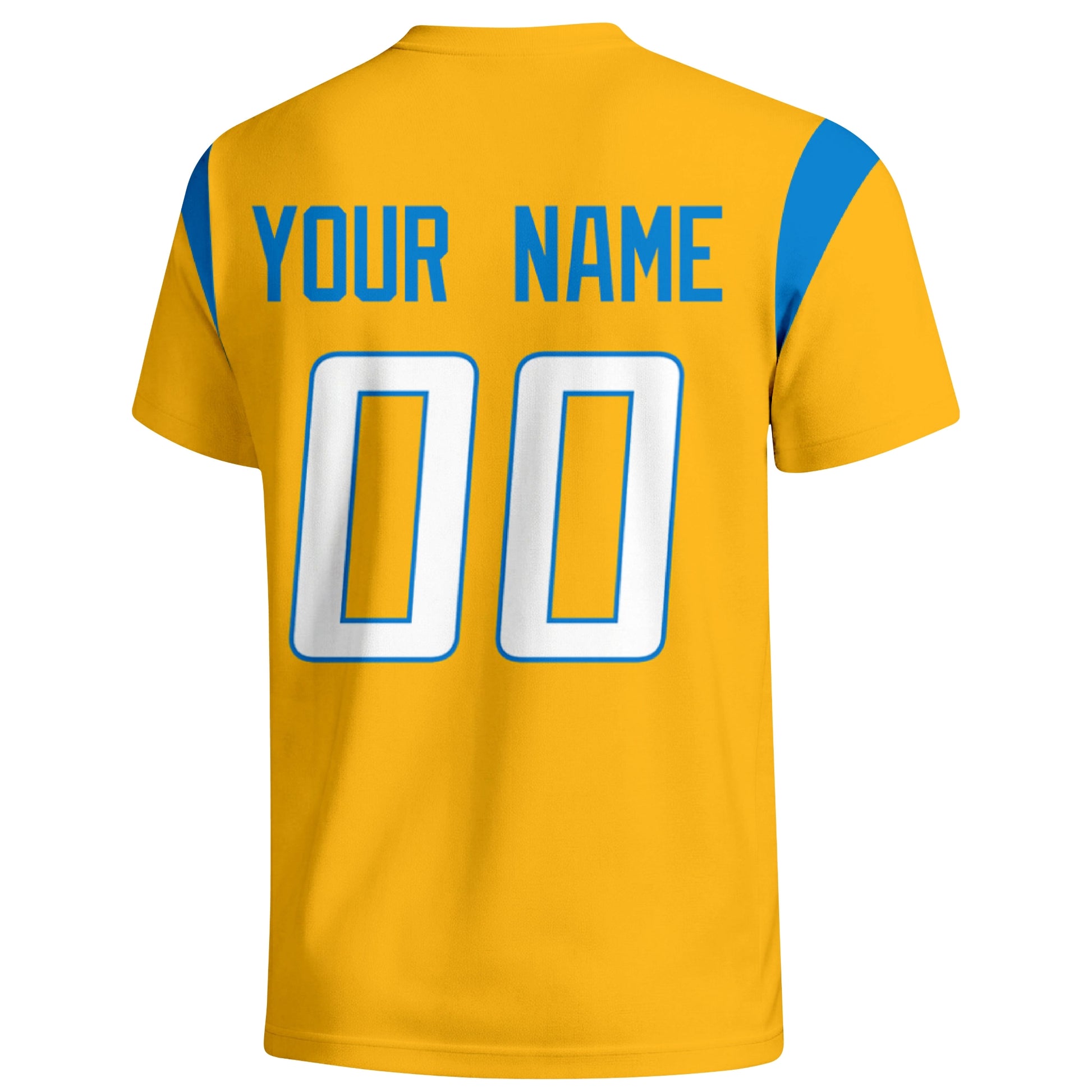 Los Angeles Blue personalized varsity football T shirt in Gold showing the back custom name and number