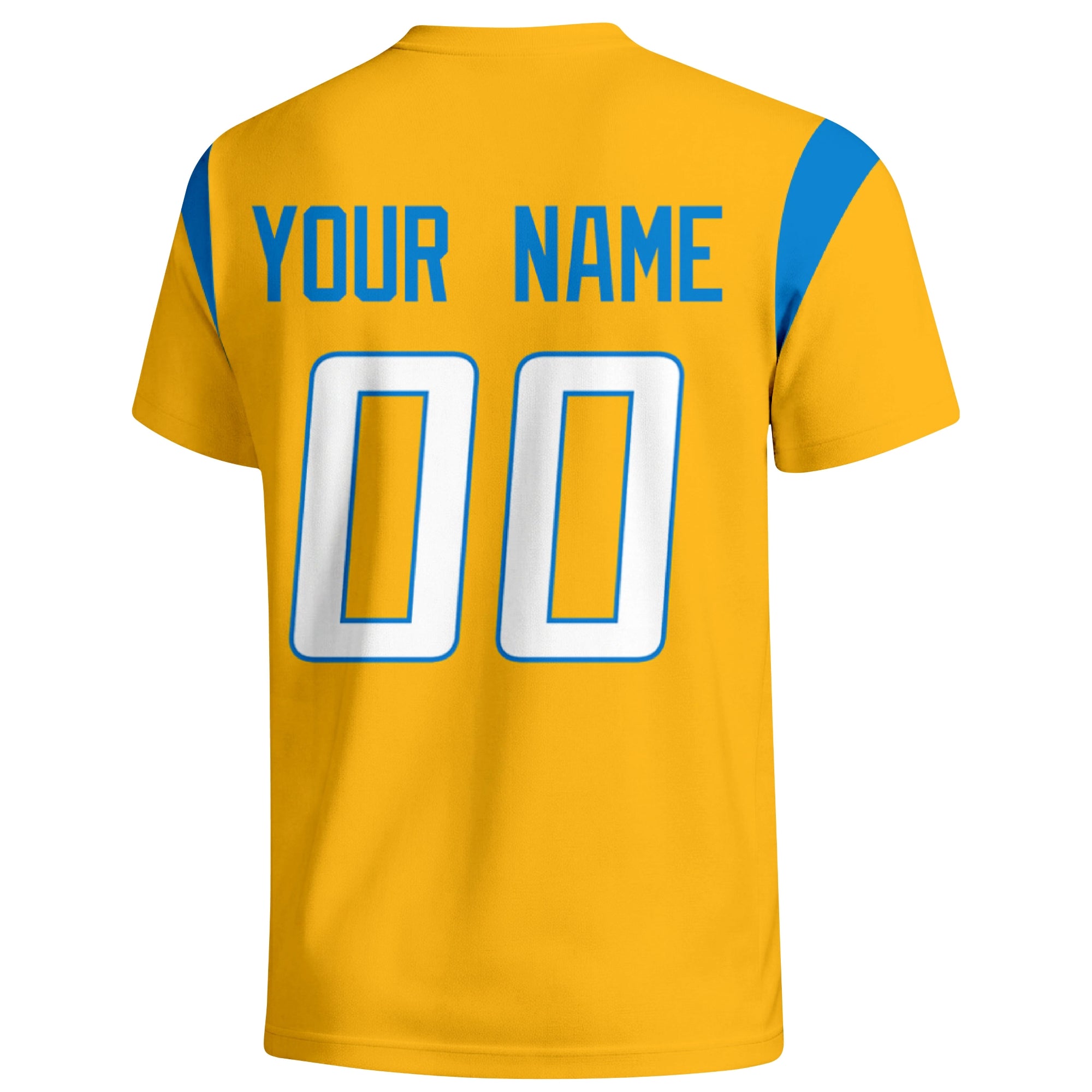Los Angeles Blue personalized varsity football T shirt in Gold showing the back custom name and number