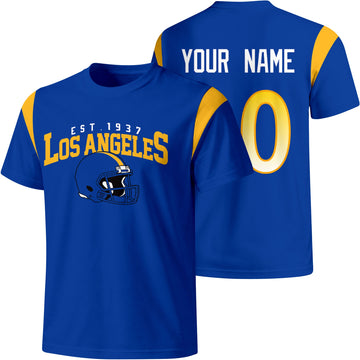 Los Angeles Royal personalized varsity football T shirt in Royal showing front helmet design and back custom name and number