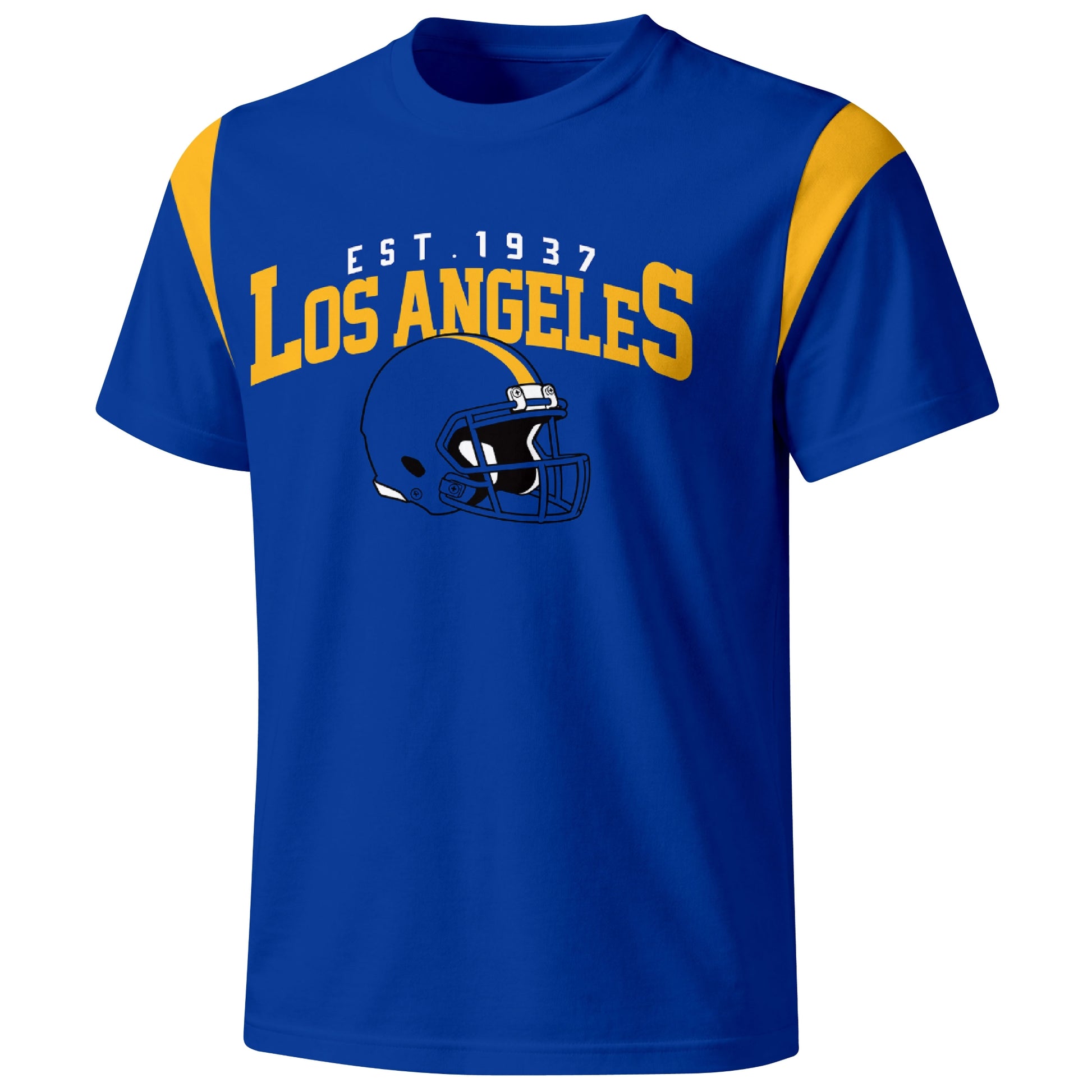 Los Angeles Royal varsity football T shirt in Royal showing the front city helmet design and contrast shoulder panels