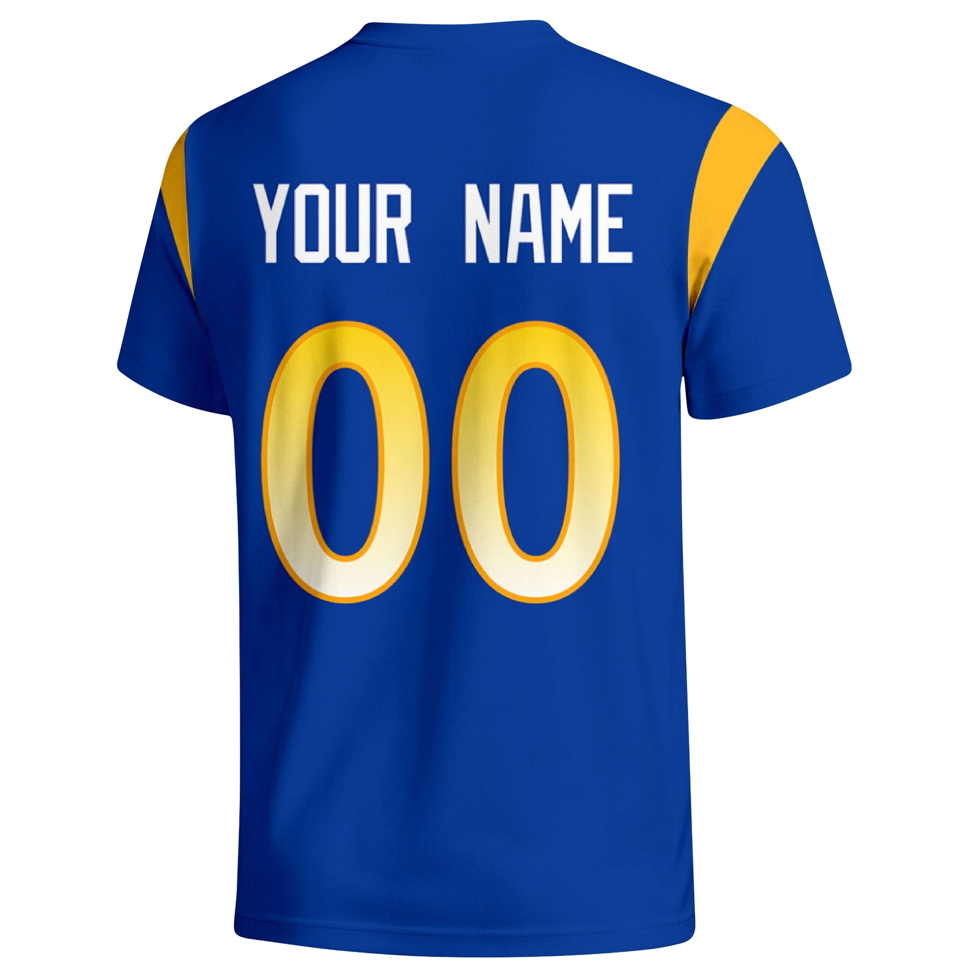Los Angeles Royal personalized varsity football T shirt in Royal showing the back custom name and number