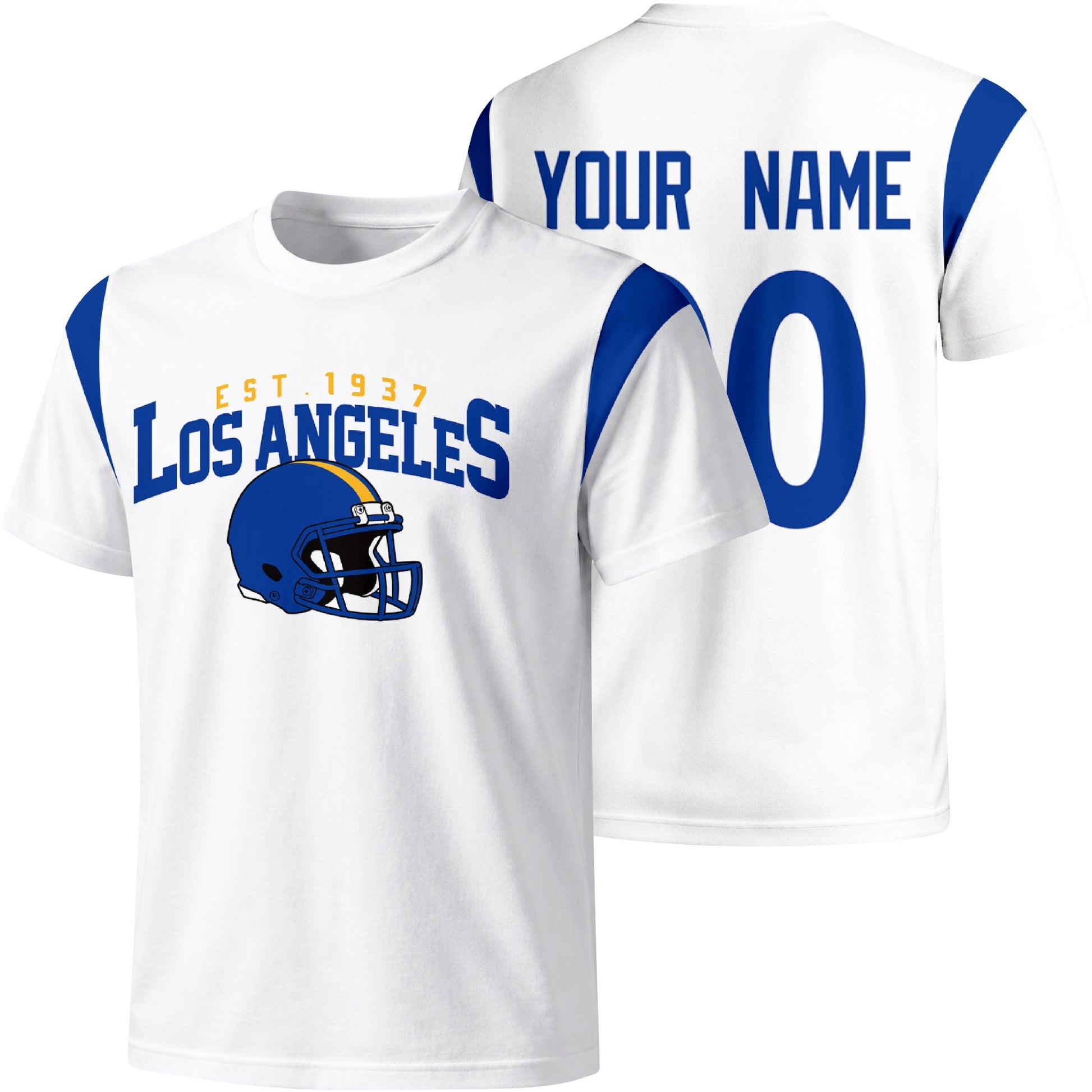 Los Angeles Royal personalized varsity football T shirt in White showing front helmet design and back custom name and number