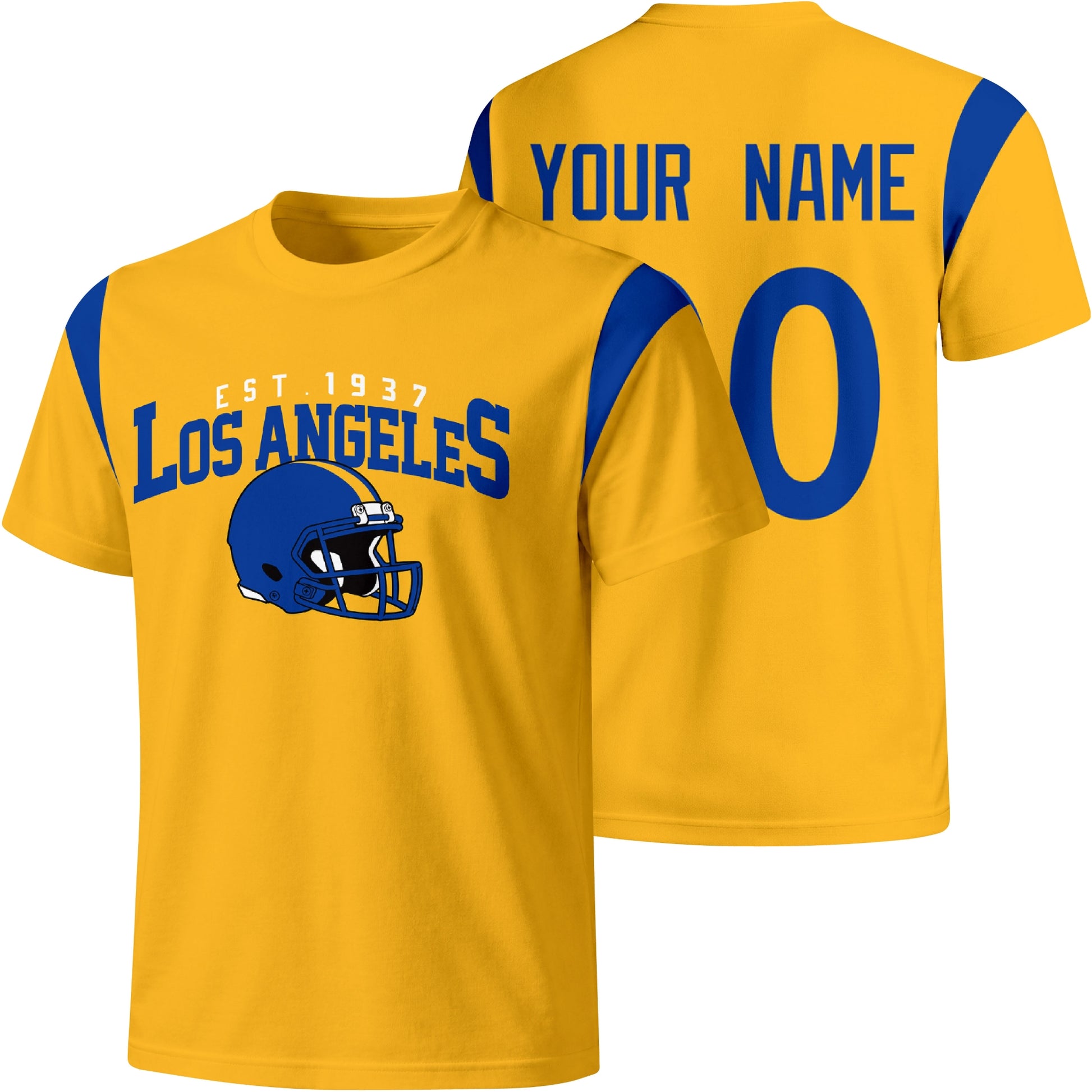 Los Angeles Royal personalized varsity football T shirt in Gold showing front helmet design and back custom name and number