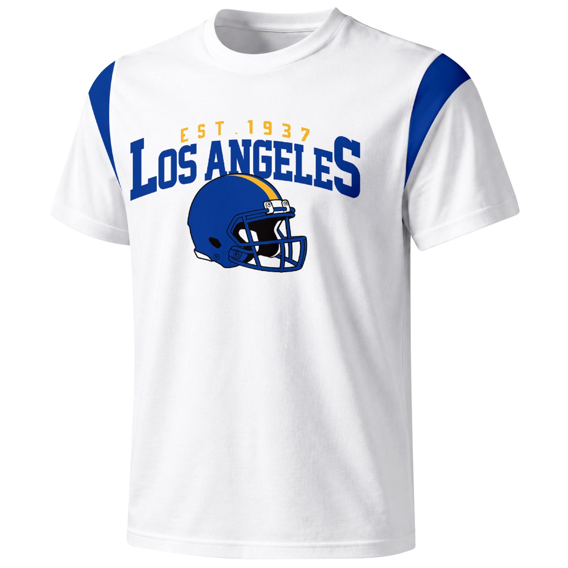 Los Angeles Royal varsity football T shirt in White showing the front city helmet design and contrast shoulder panels