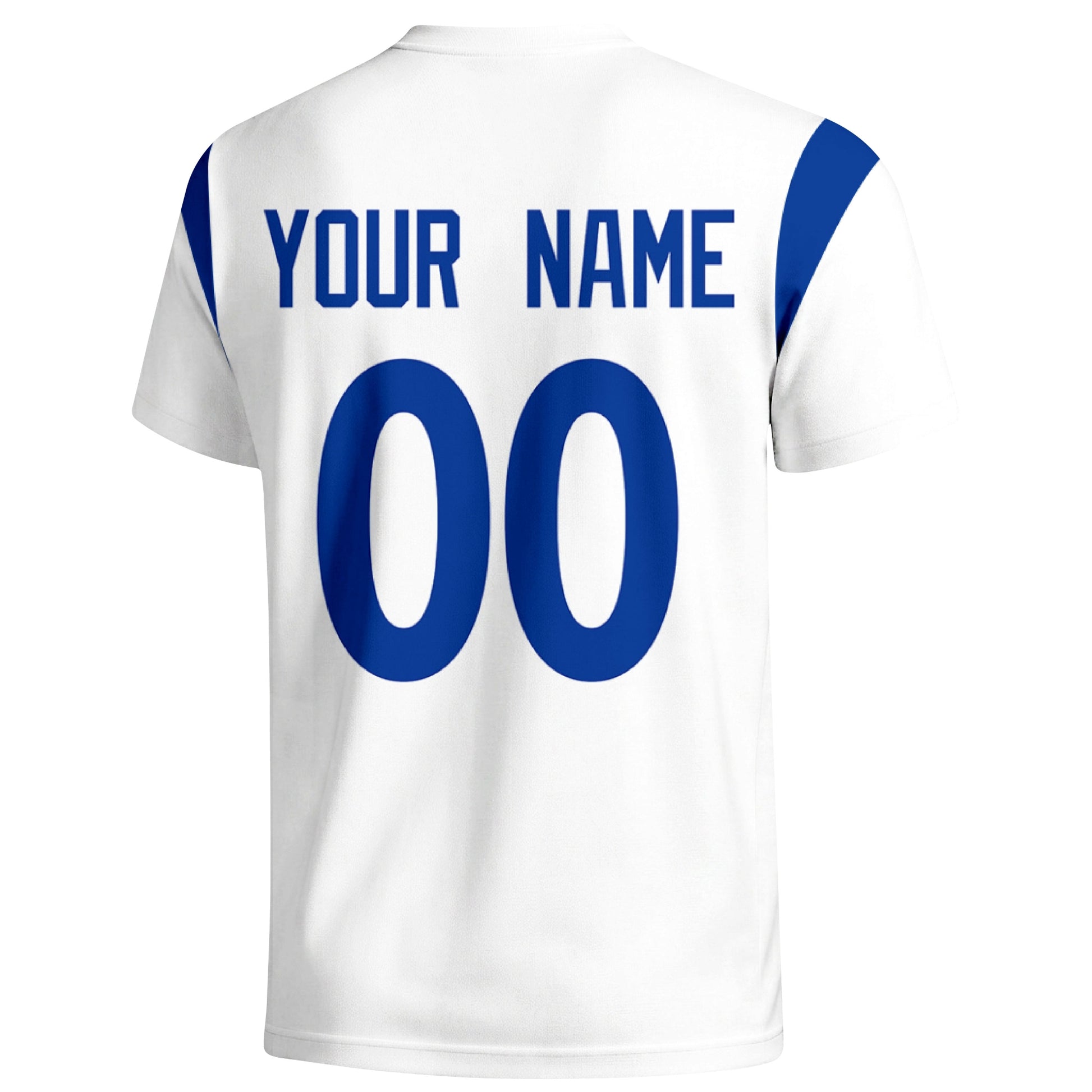 Los Angeles Royal personalized varsity football T shirt in White showing the back custom name and number