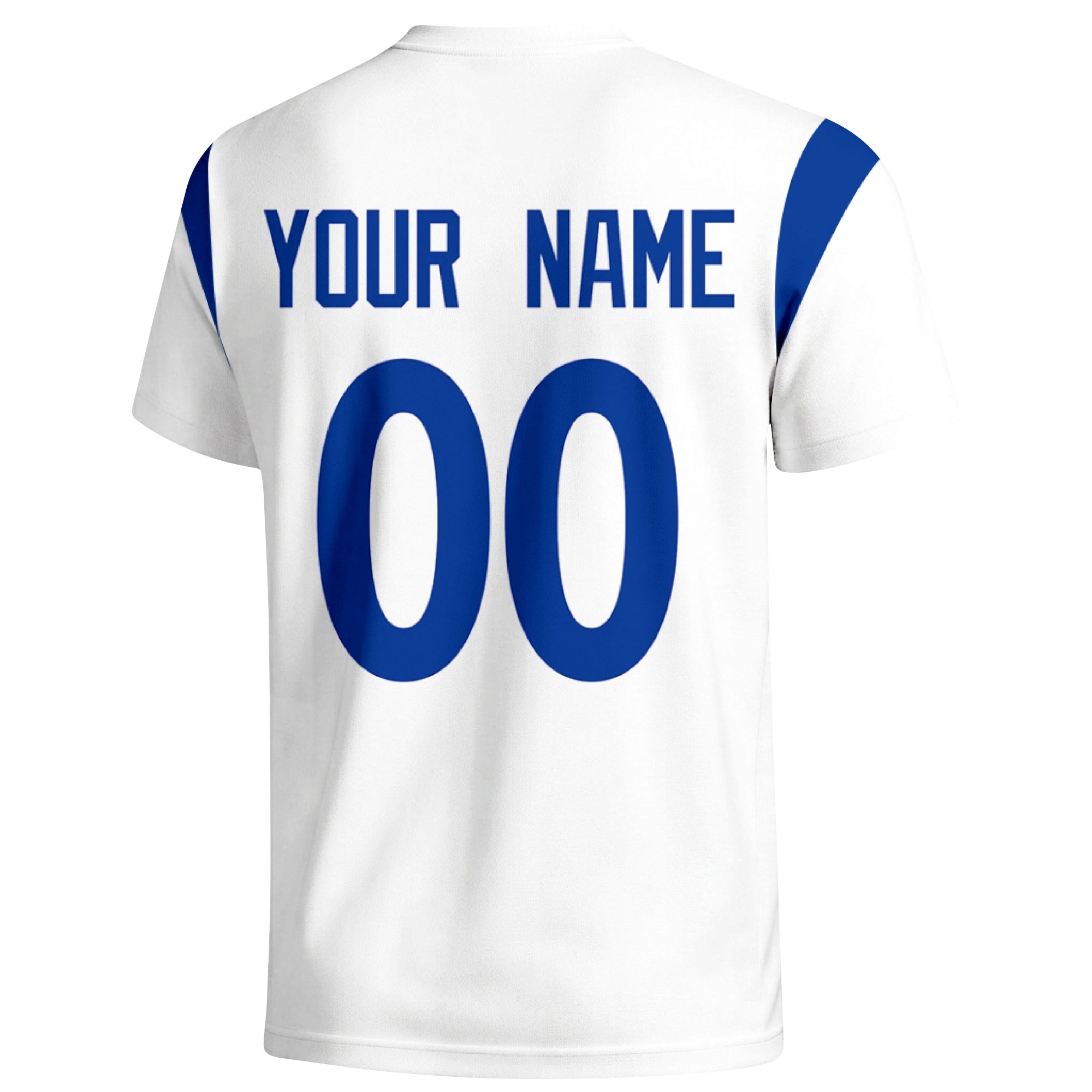 Los Angeles Royal personalized varsity football T shirt in White showing the back custom name and number