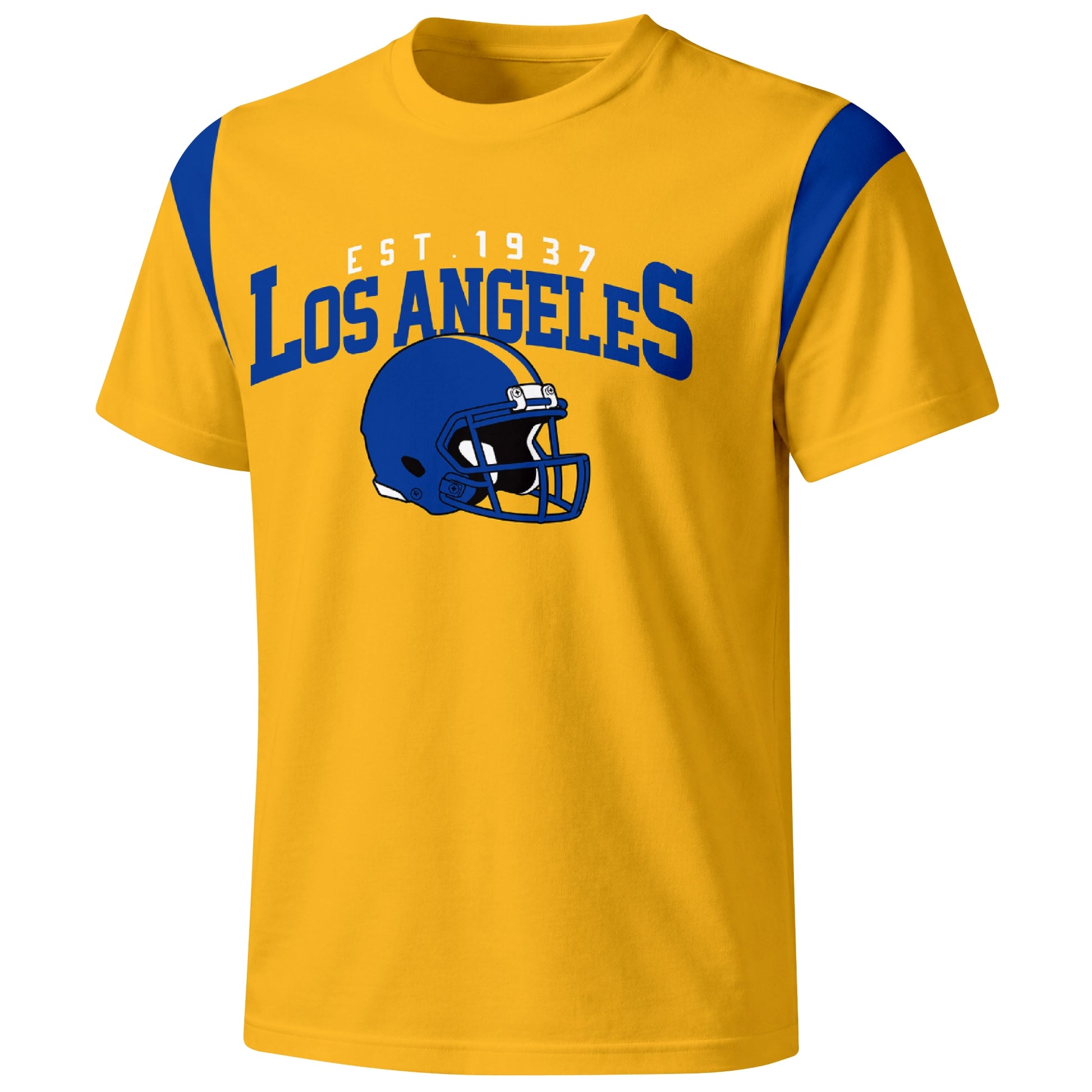 Los Angeles Royal varsity football T shirt in Gold showing the front city helmet design and contrast shoulder panels
