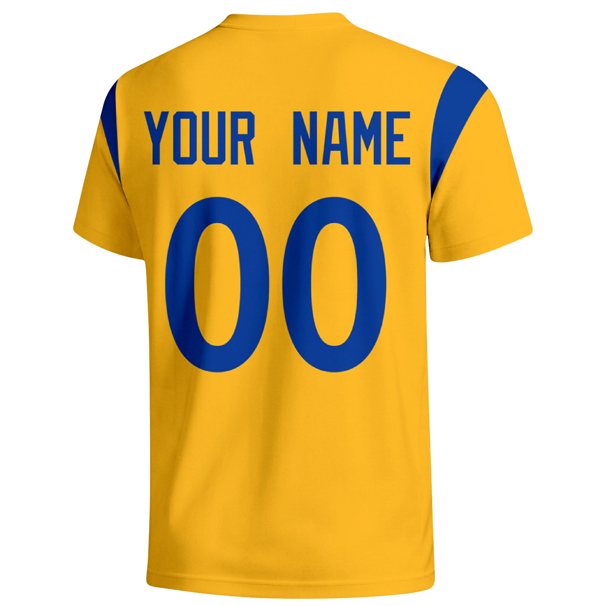 Los Angeles Royal personalized varsity football T shirt in Gold showing the back custom name and number